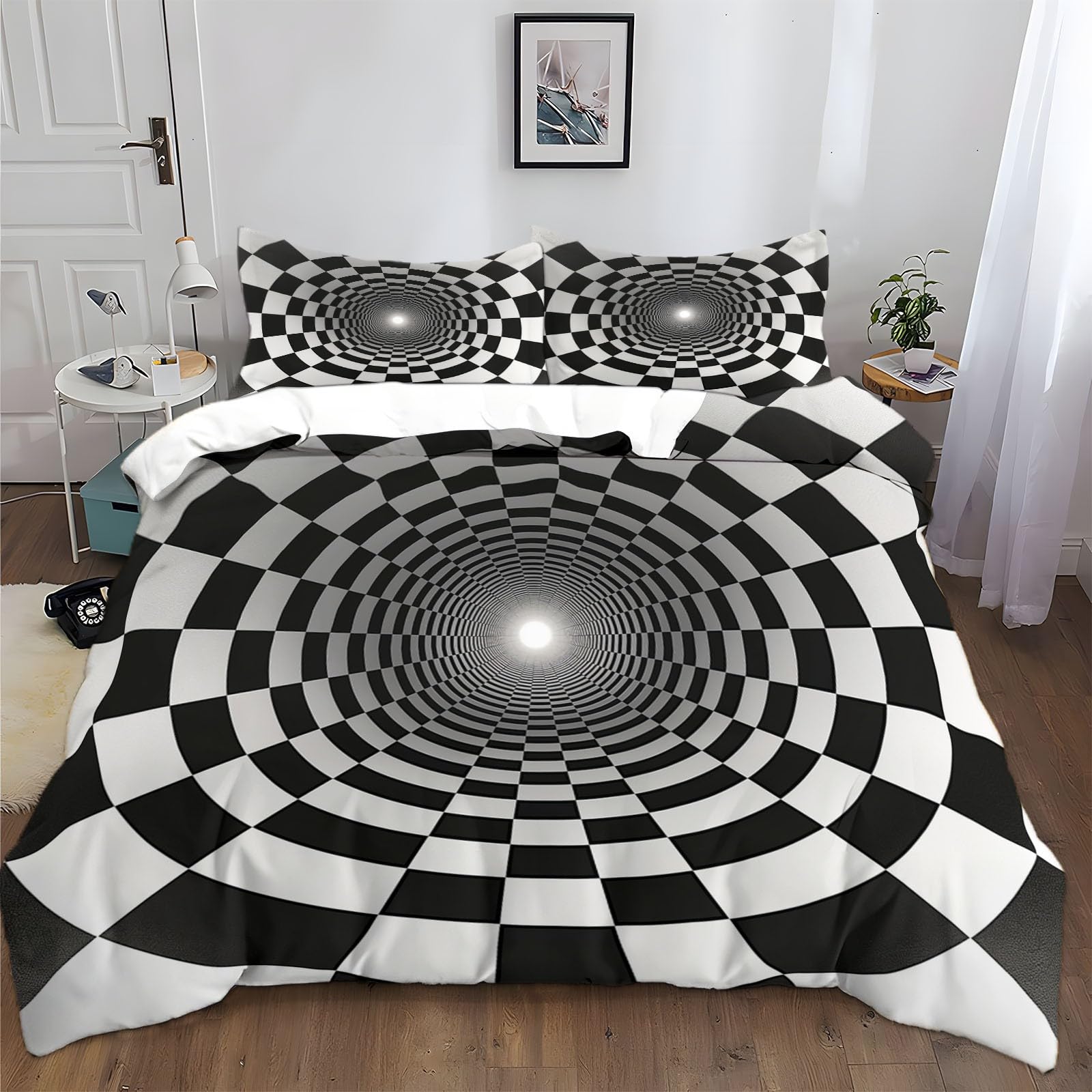 XCQHZYQ Funda Nordica Poliéster Algodón Infantil para Cama 90 Cuadrados Blancos Y Negros Efecto Ilusión Óptica 3 Piezas Juvenil Juego de Funda Nordica 150x200 cm Suave Transpirable