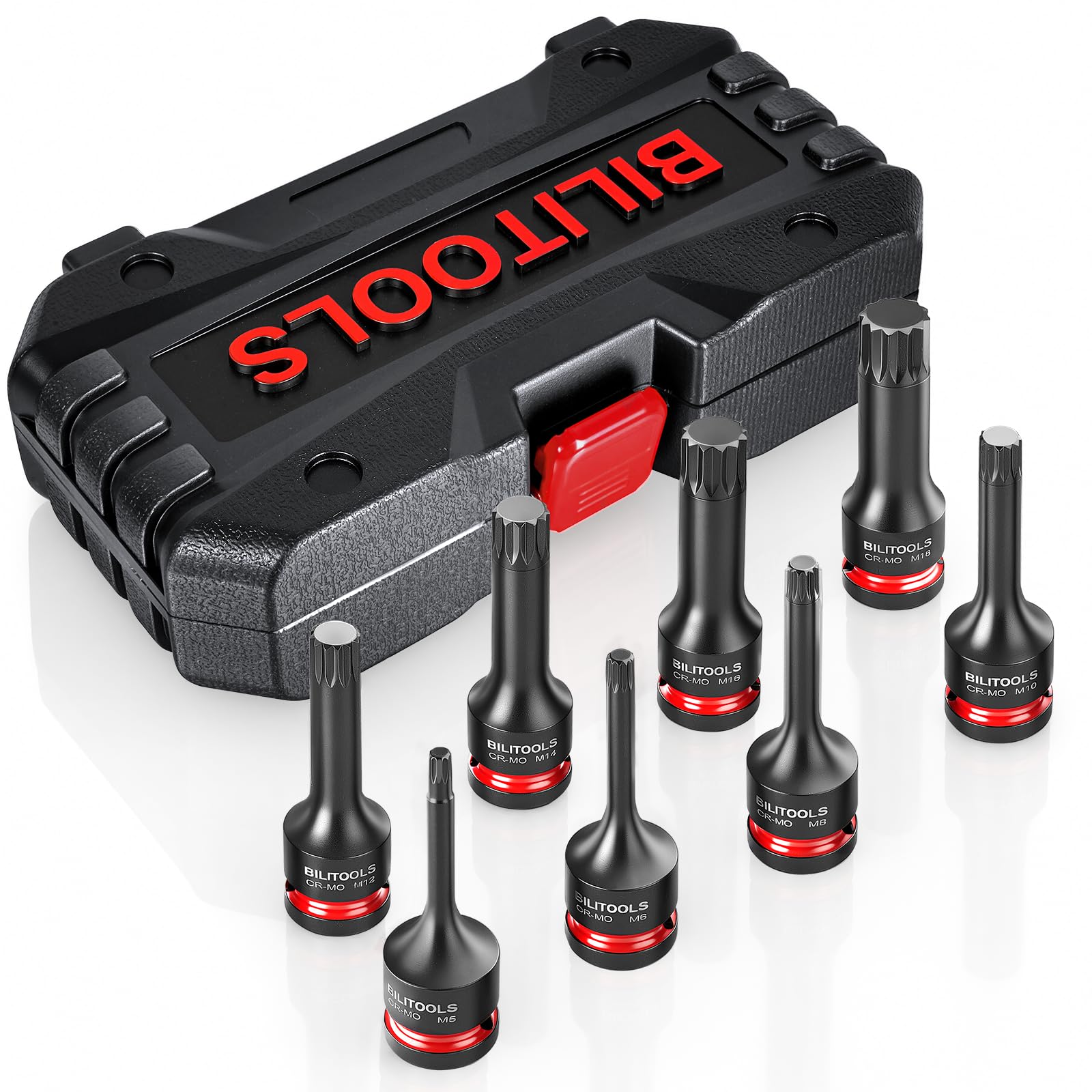 BILITOOLS Impact XZN - Set di 8 chiavi a bussola quadrate triple con attacco da 1/2", M5-M18, acciaio Cr-Mo