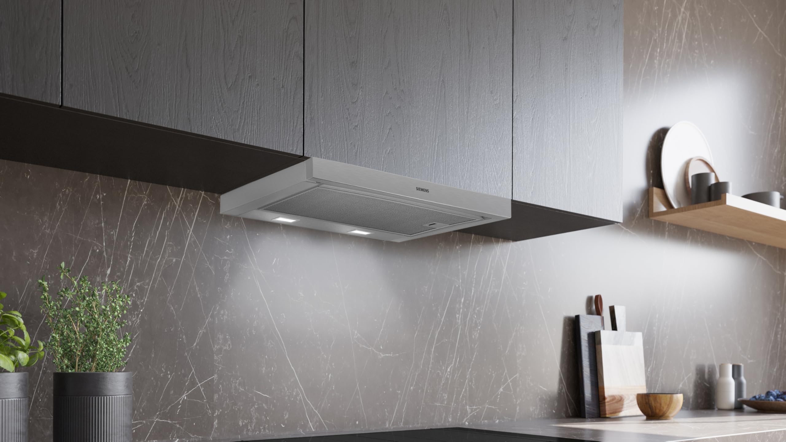 Siemens LI63LB526 iQ100 Hotte plate à encastrer 60 cm, fabriquée en Allemagne, éclairage LED, puissante, évacuation de l'air, filtre à graisse en métal, passe au lave-vaisselle, interrupteur à bascule