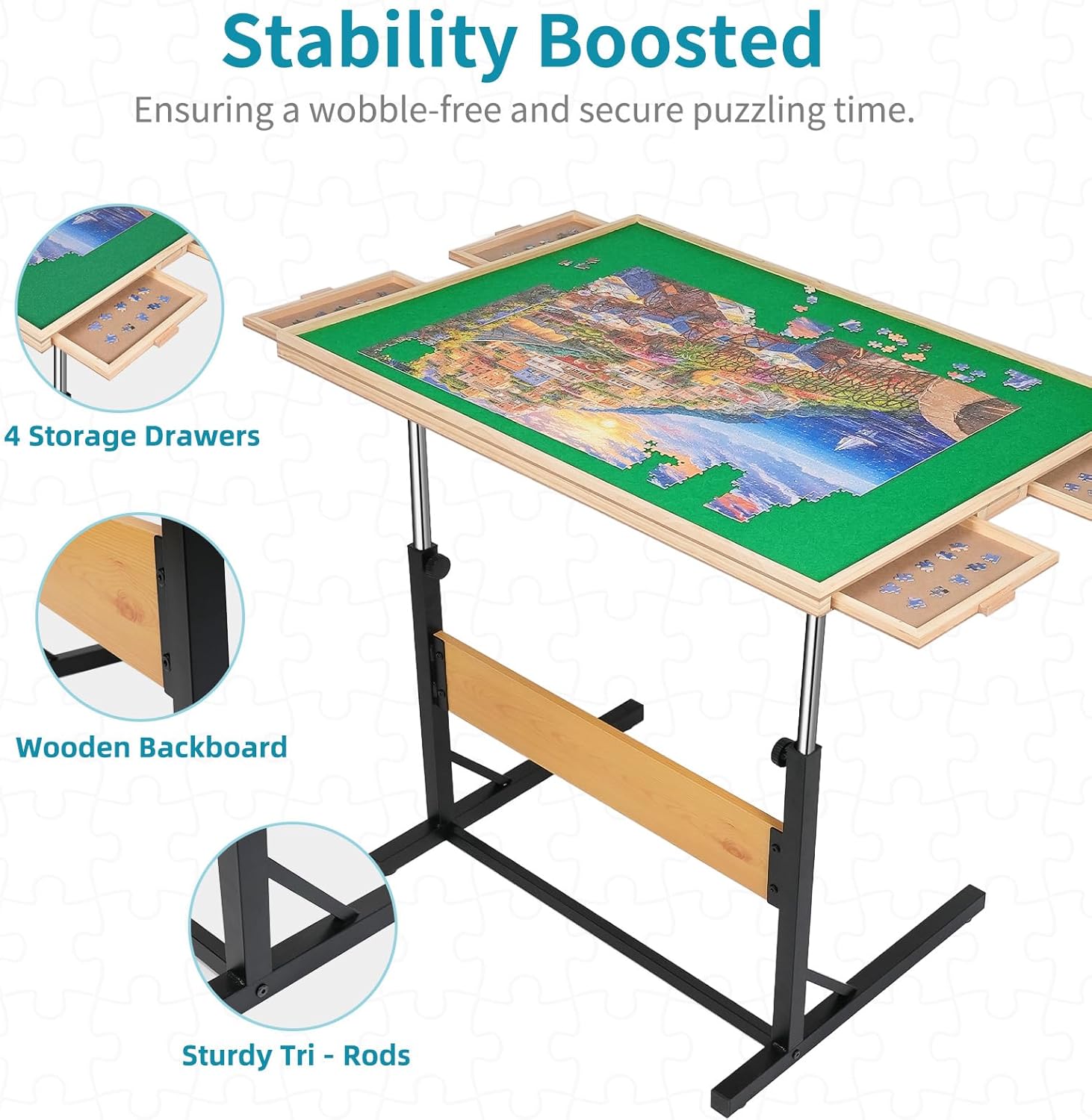 1500pcs Puzzle Table with Legs,34.25" x 25.2"Wooden Jigsaw Puzzle Board with 4 Drawers & Cover,Height Adjustment & Weight optimization