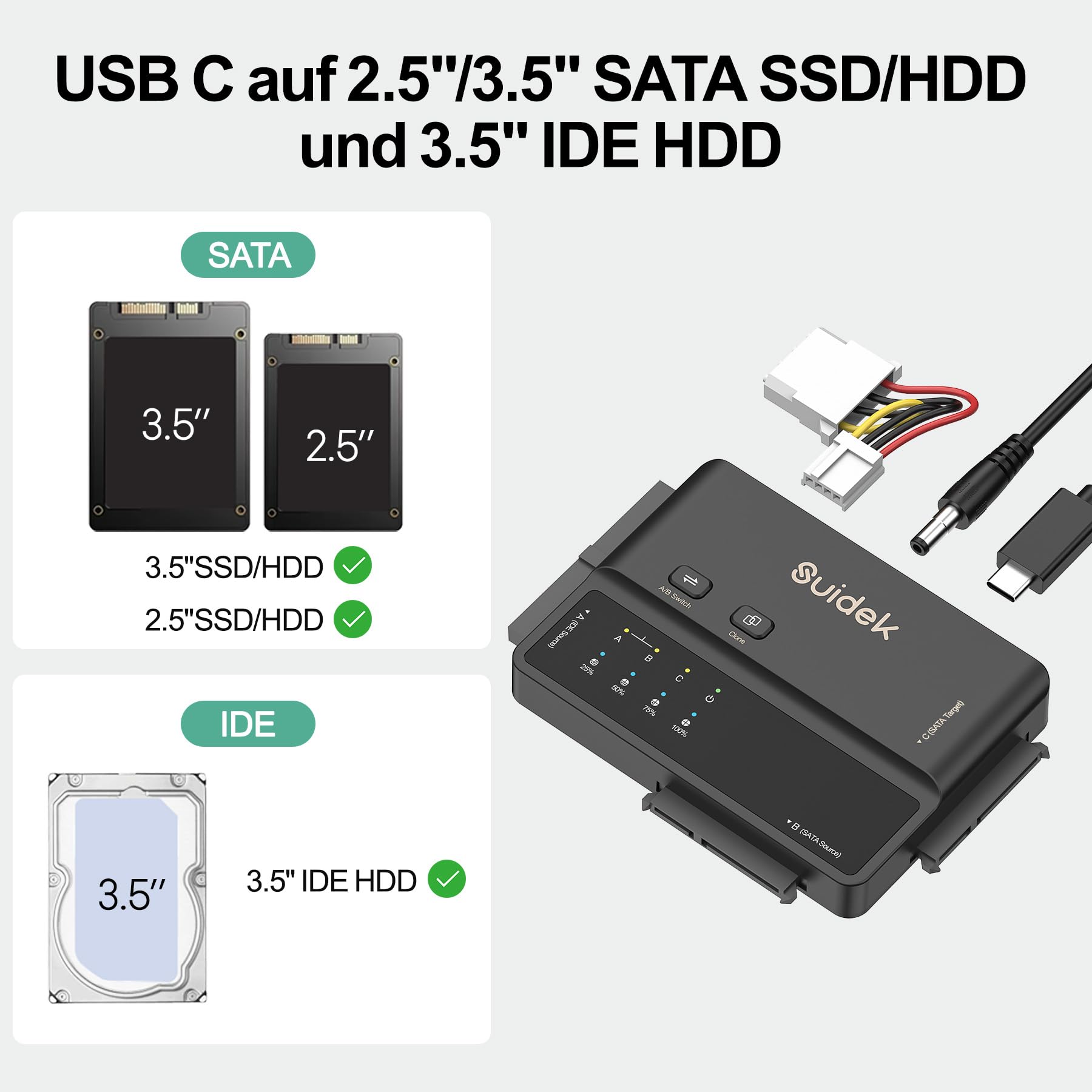 SUIDEK USB 3.0 auf IDE und SATA Adapter, Type-C Externer Festplattenleser Konverter mit 5 Gbps für 2,5"/3,5" SATA HDDs, SSDs und 3,5" IDE HDDs mit Offline Klonfunktion, Inklusive 12V/2A Netzteil