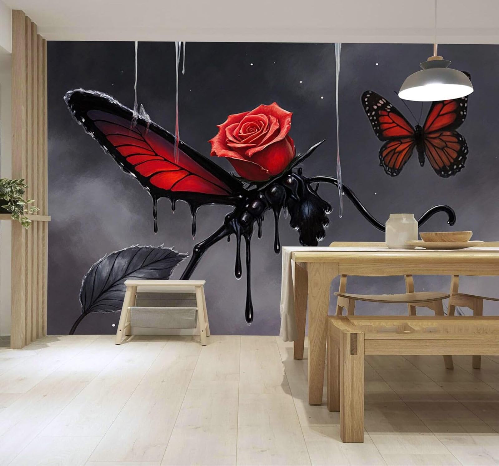 3D Carta da Parati Tridimensionale Farfalla Nera Rosa Rossa Foglie Arte