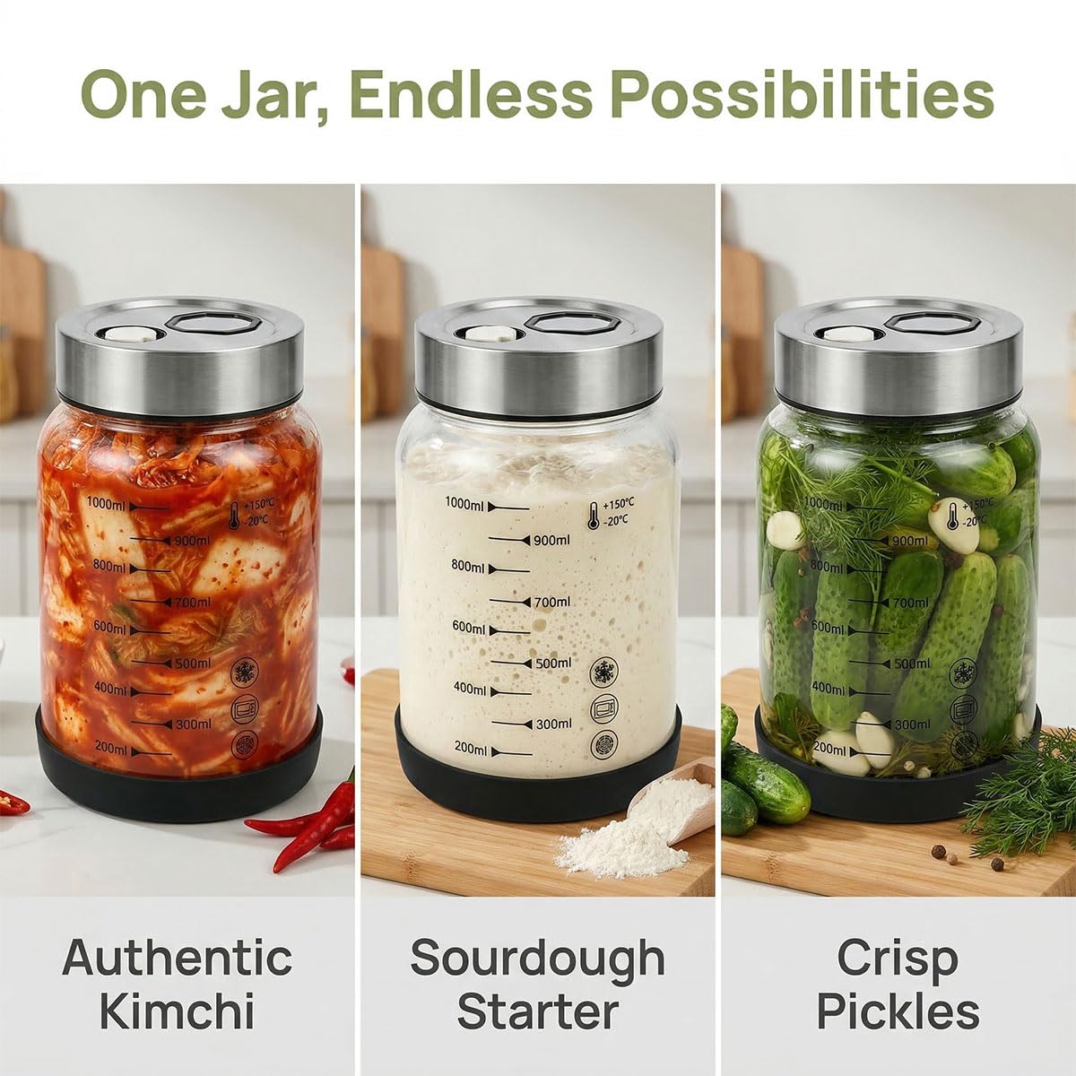 Tarro de Fermentación con Válvula de Ventilación 1L, Tarro Cristal con Tapa 1l para Fermentar, Recipiente Hermético para Kimchi, Vaso de Fermentación para Chucrut pepinos y Encurtidos