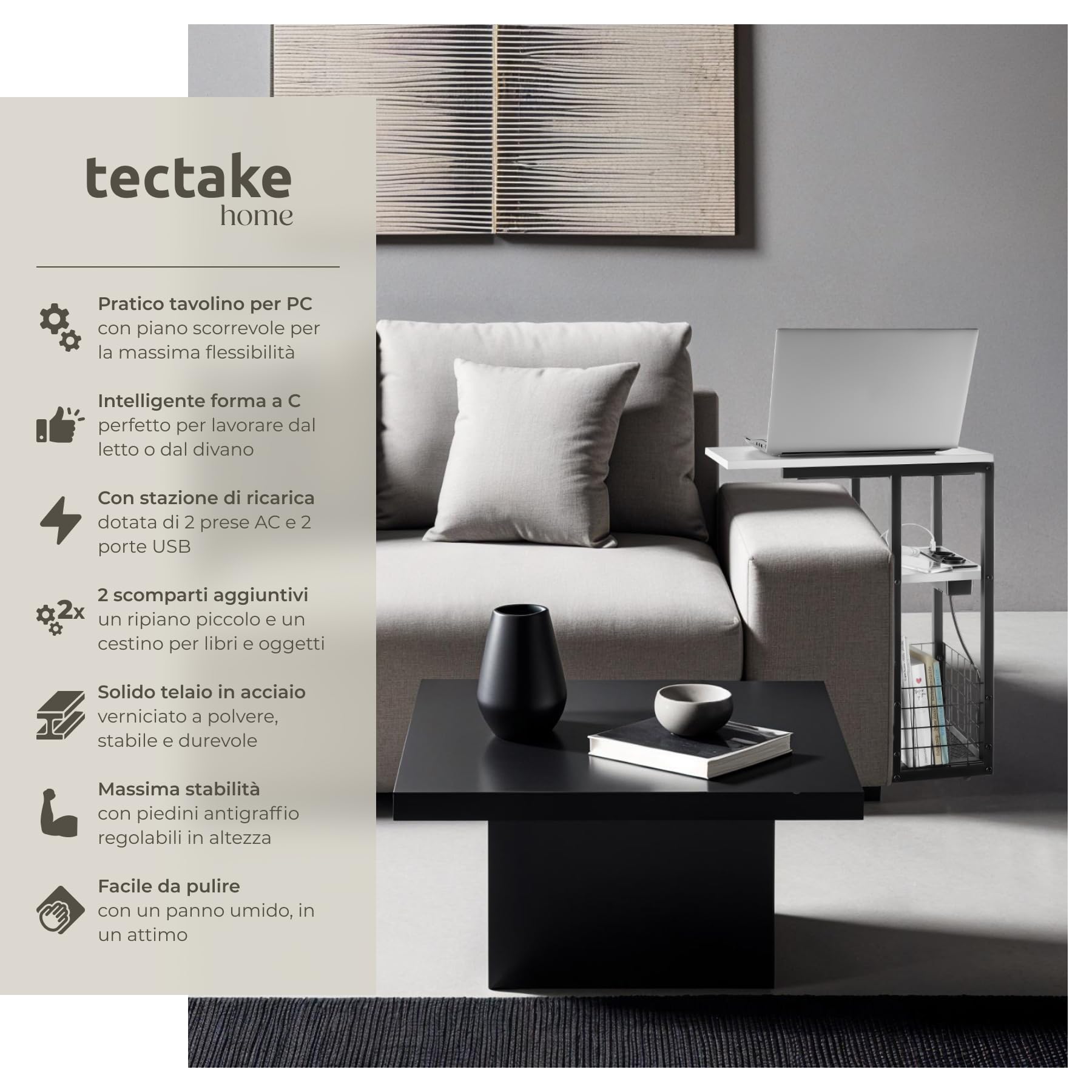 tectake® Tavolino Supporto PC Portatile con Forma a C, Tavolino da Letto con Stazione di Ricarica Integrata, Tavolino da Divano con Piano Scorrevole, Tavolo con Vassoio Portaoggetti - Bianco