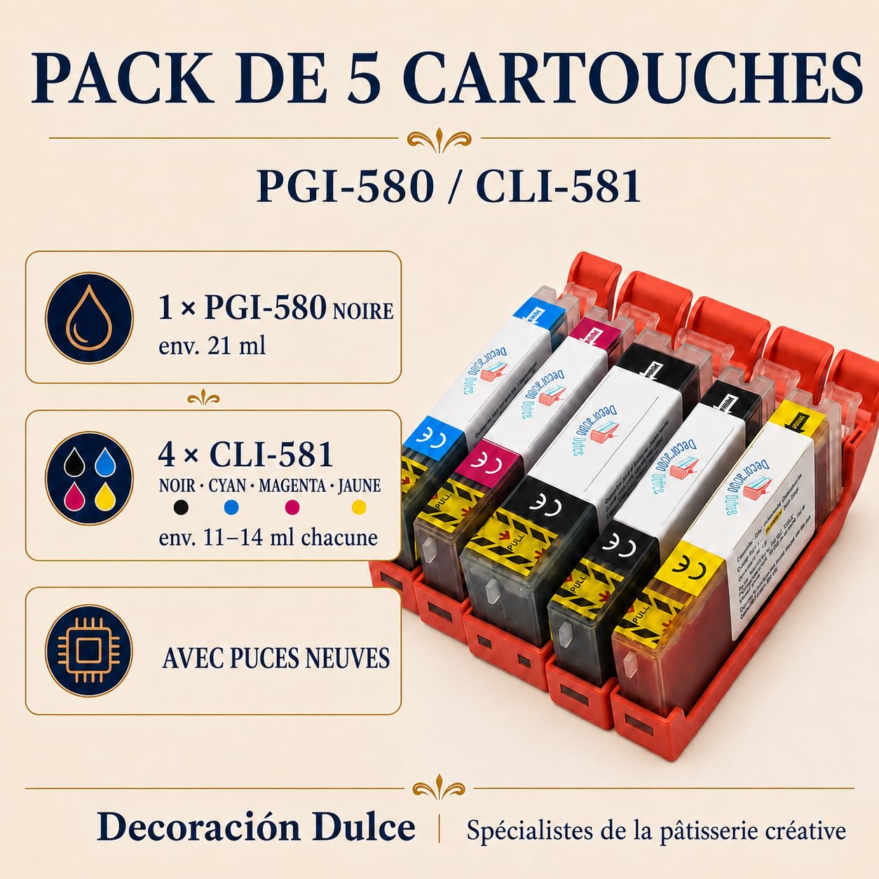 Lot de 5 Cartouches comestibles compatibles avec Canon PGI-580 Y CLi-581. L'encre Comestible ne Contient Pas de Gluten. Vérifiez la compatibilité Avant d'acheter