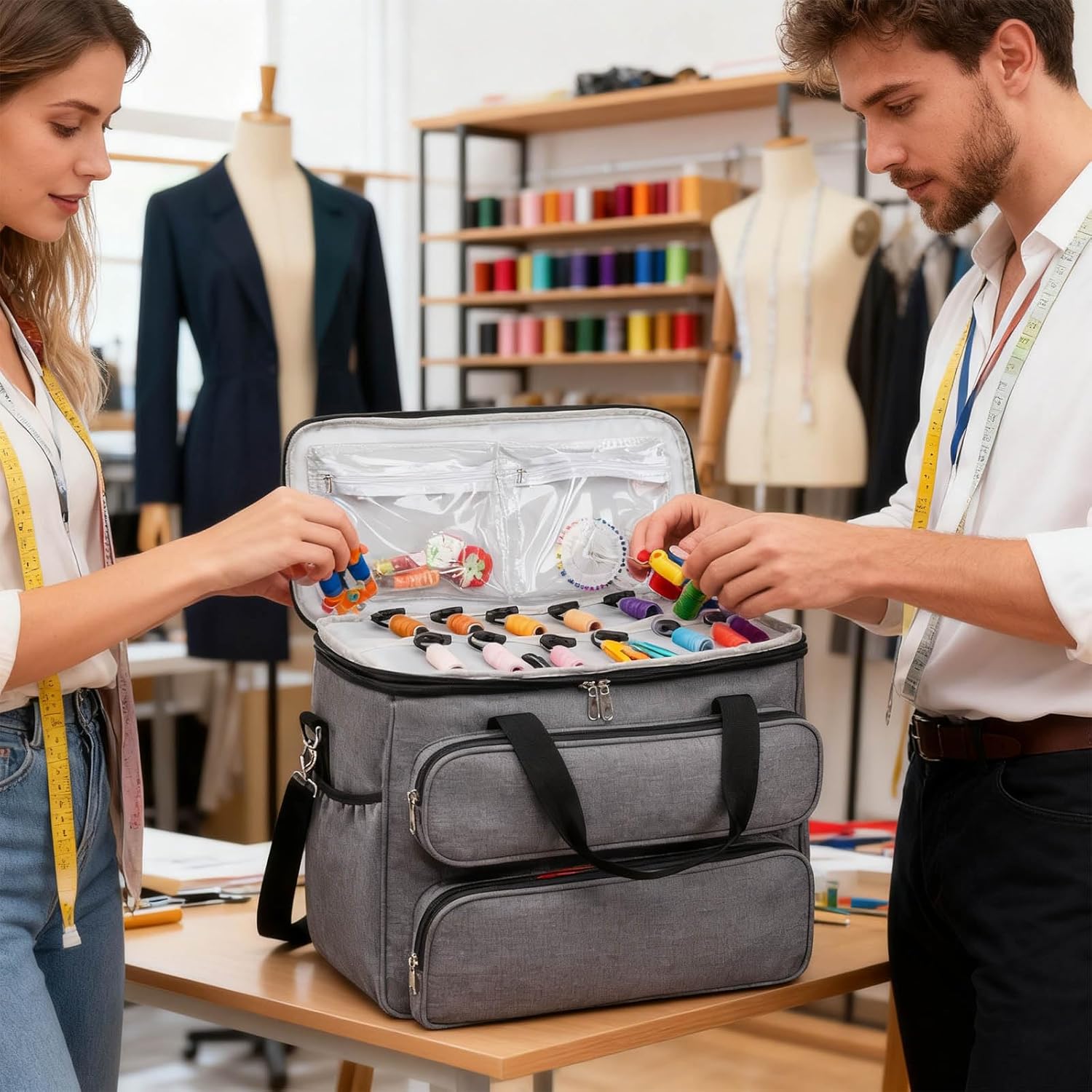 ポータブル折りたたみ縫製ツールケース マルチポケットとトラベルクラフトアクセサリー用ショルダーストラップ付き モダンな縫製収納オーガ
