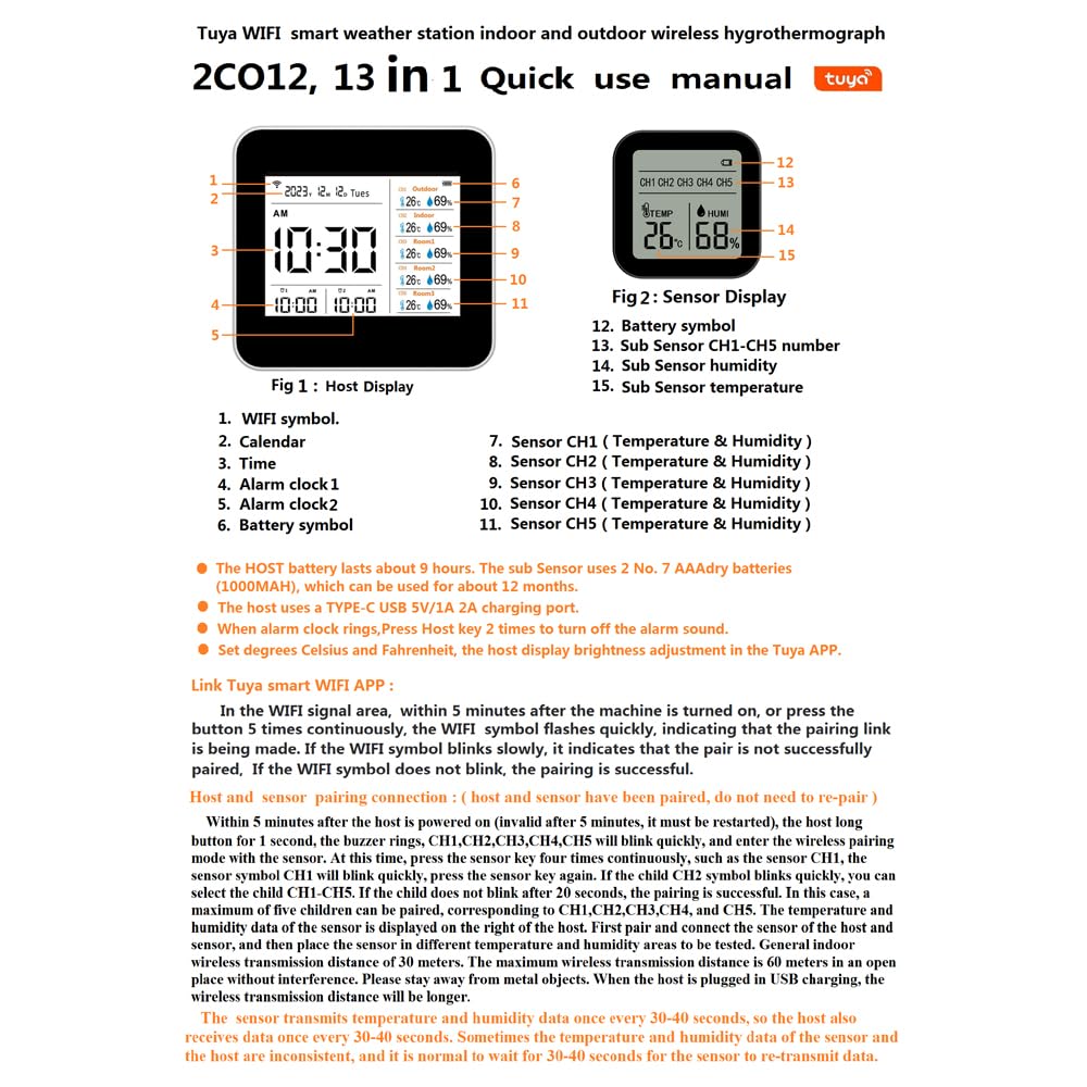 13-in-1-Tuya-WLAN-Intelligentes Thermometer-Hygrometer, präziser Temperatur- und Feuchtigkeitsmesser für den Innenbereich mit Zeit-/Kalender-/Alarmanzeige, unterstützt Remote-App-Steuerung für das