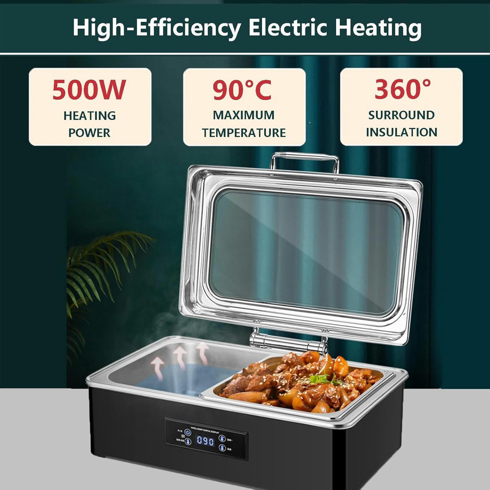 Calentadores eléctricos de alimentos para buffet, ideales para cafeterías. Calentador de acero inoxidable con tapa visible, 9 litros. Olla calentadora comercial para mantener la comida caliente.