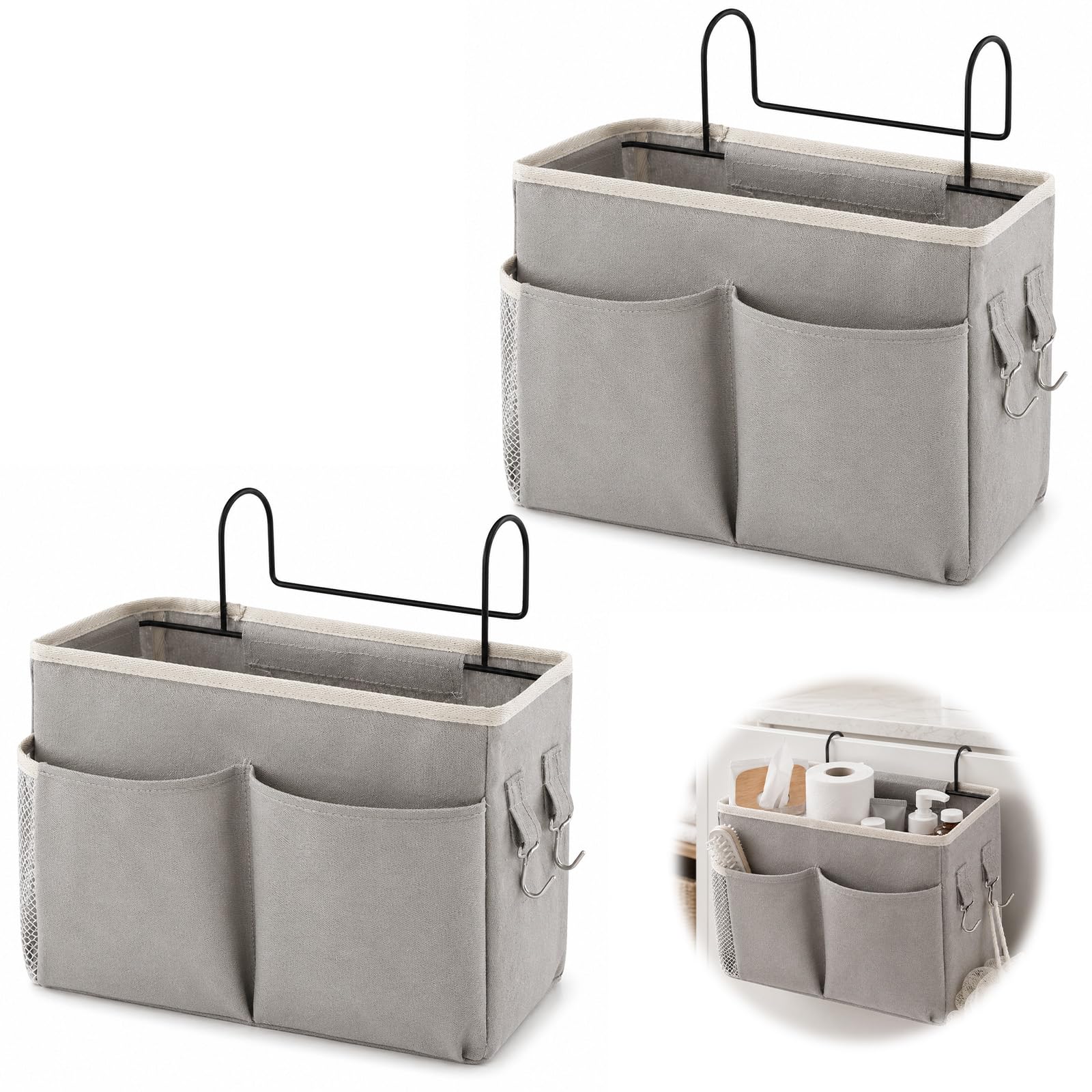 2 PCS Bedside Storage, Hanging Bedside Storage Caddy with Hooks and Pockets