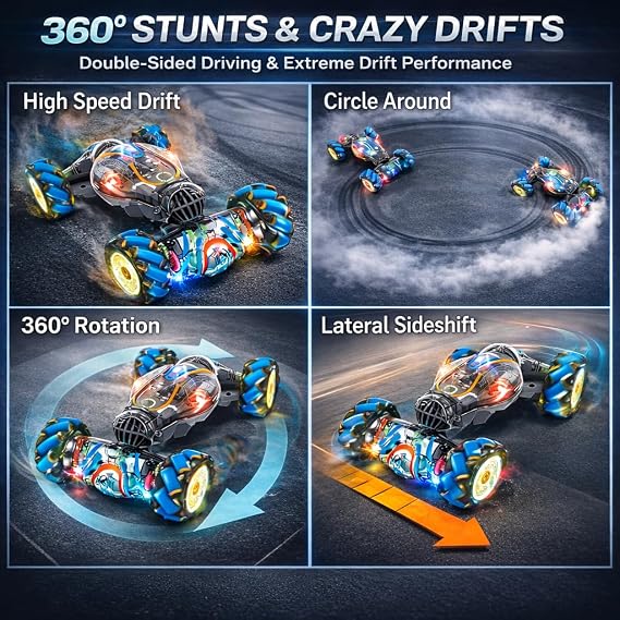 Gesture Control RC Car for Kids Transparent Colorful Twist Drift Stunt Car, Hand Gesture Sensor, 4WD Double-Sided Car, 360 Spins & Flips, LED Lights, Spray Exhaust, All-Terrain Toy Boys 6-12