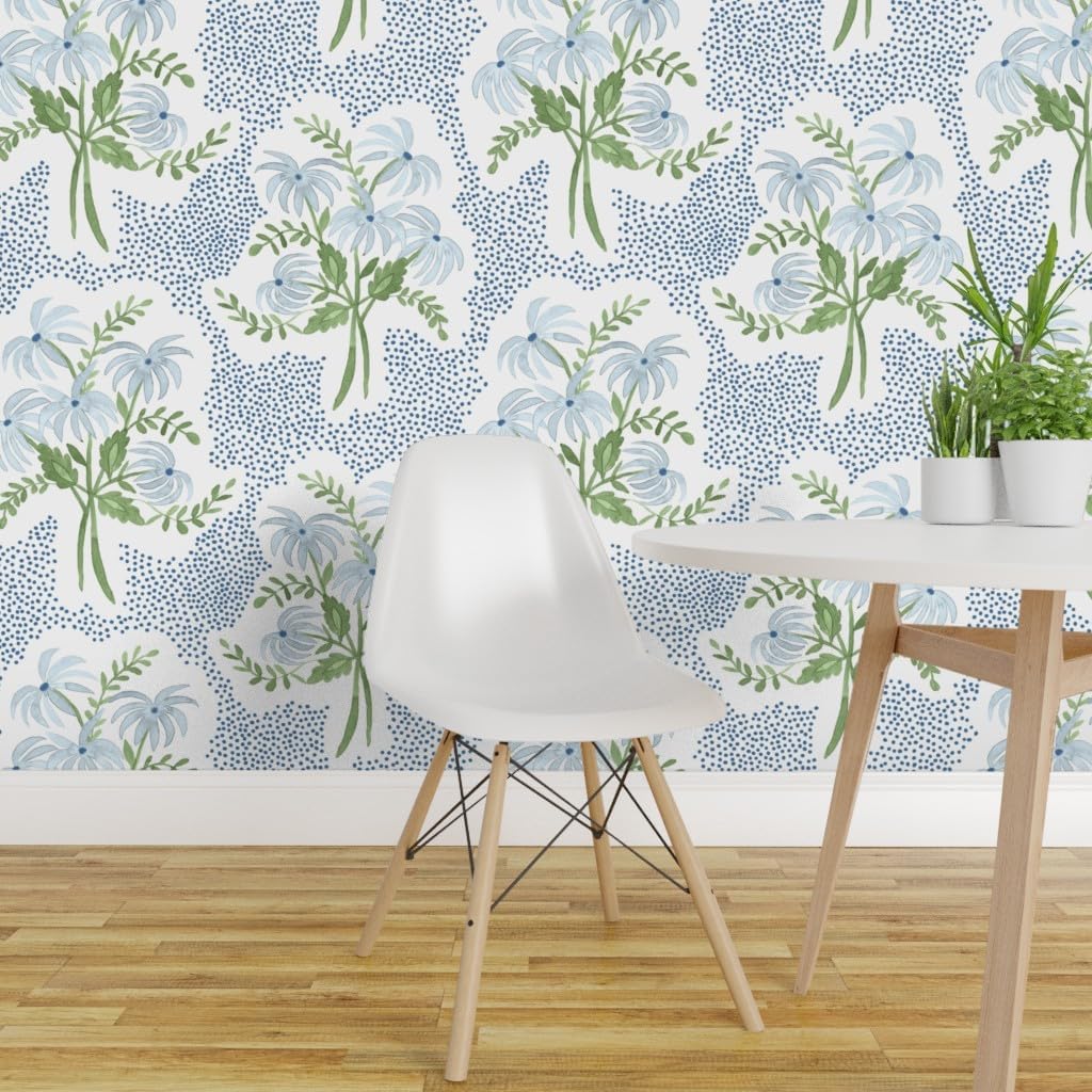 Spoonflower Removable Wallpaper Swatch - Preppy Blue Floral Pastel Botanical Spring Garden Cottagecore Grandmillennial Bouquet Custom Pre-Pasted Wallpaper