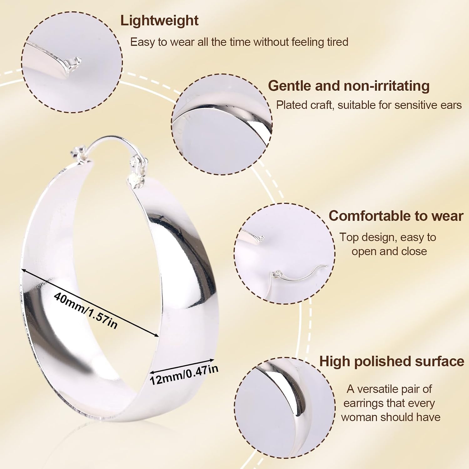 Chunky Hoops Earrings, Round Hoop Earrings for Women Lightweight Thick Hoops Earring Stylish Jewelry Gifts for Women (Silver) image 2