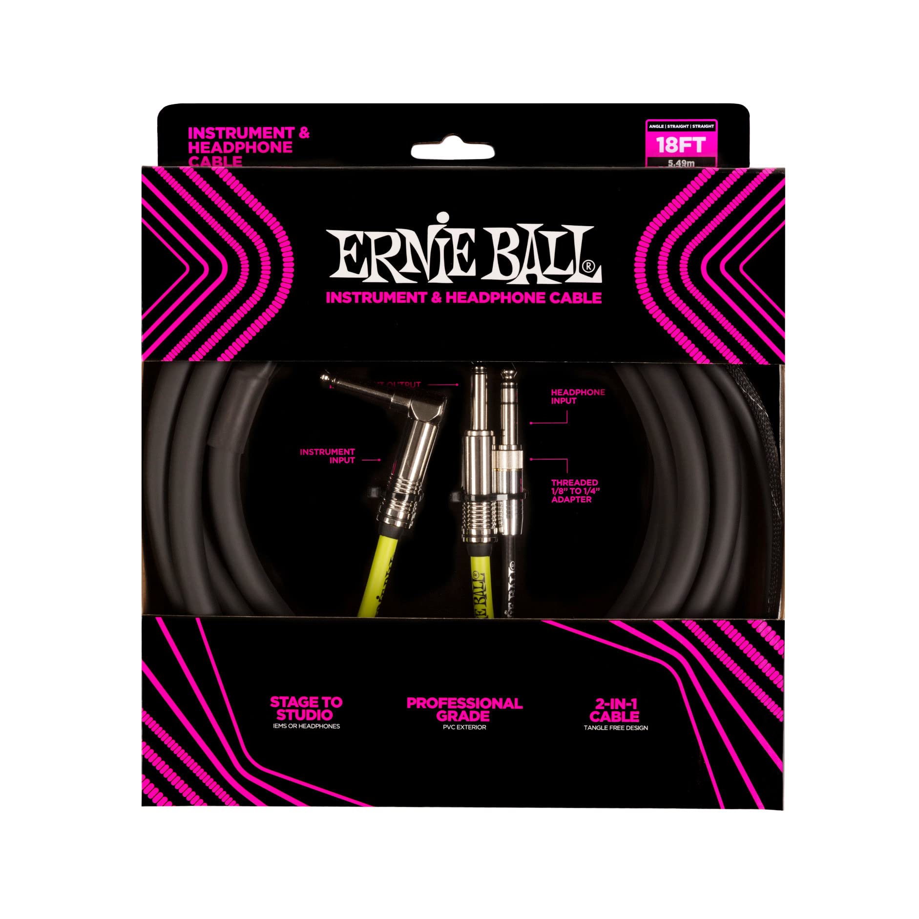 Ernie Ball Instrument and Headphone Combination Cable, 18ft, black (P06411)