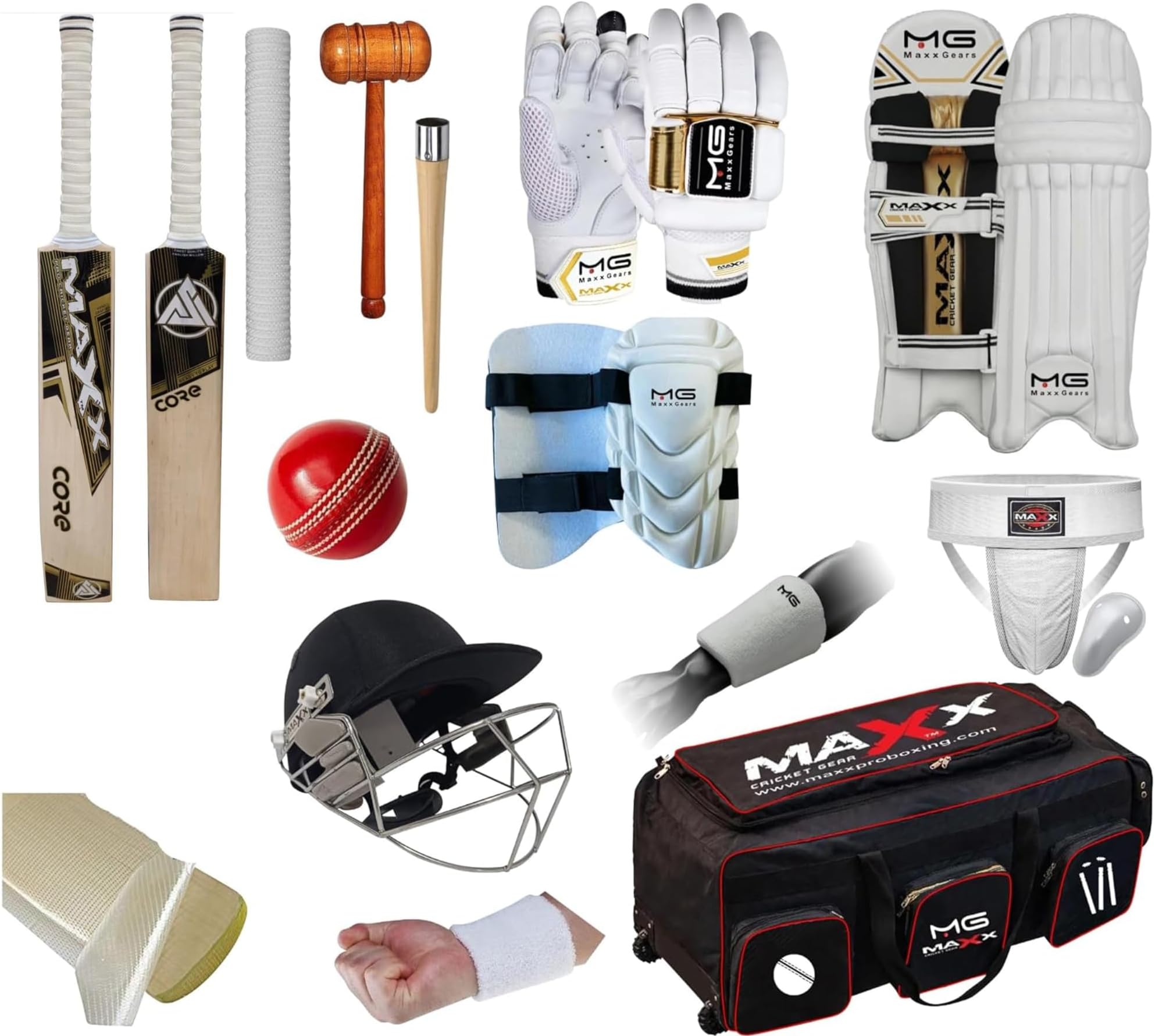 Maxx Cricket Set 13pcs Leg Pads Bating Gloves 2 Kit Bag styles left or right handed quality Bat 2.9-2.16LB Free Arm Pad