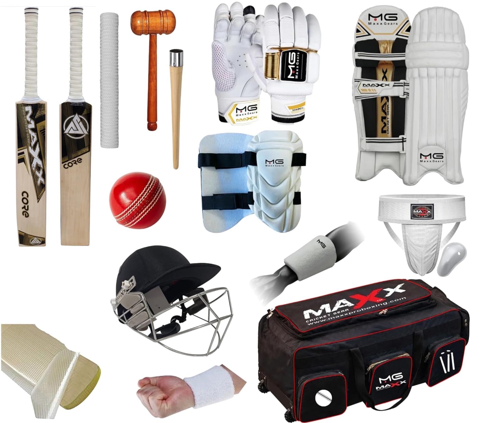 Maxx Cricket Set 13pcs Leg Pads Bating Gloves 2 Kit Bag styles left or right handed quality Bat 2.9-2.16LB Free Arm Pad