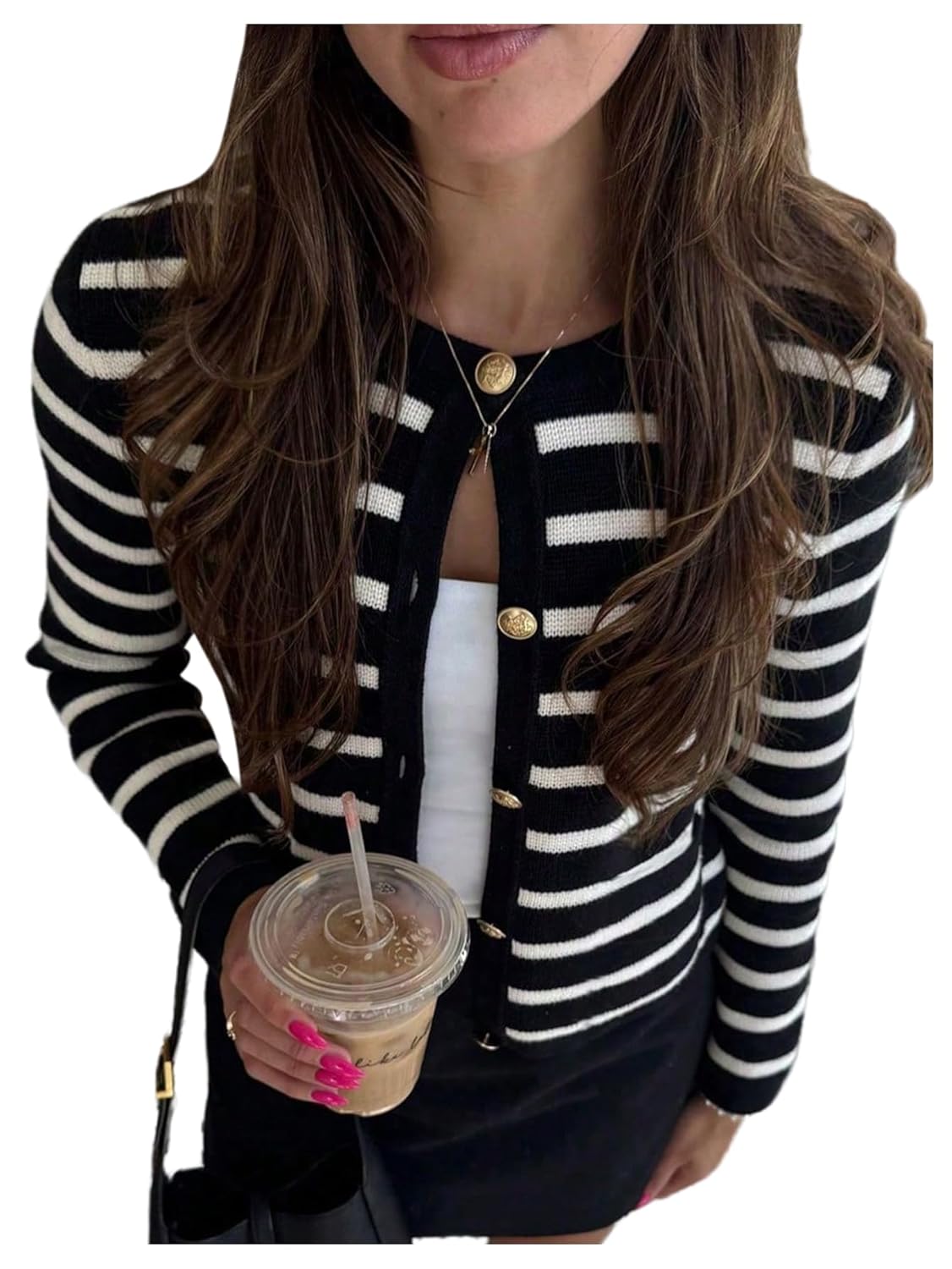 GORGLITTER Womens Striped Cardigan Sweaters Gold Button Down Long Sleeve Trendy Sweater Fall Fashion Outfits