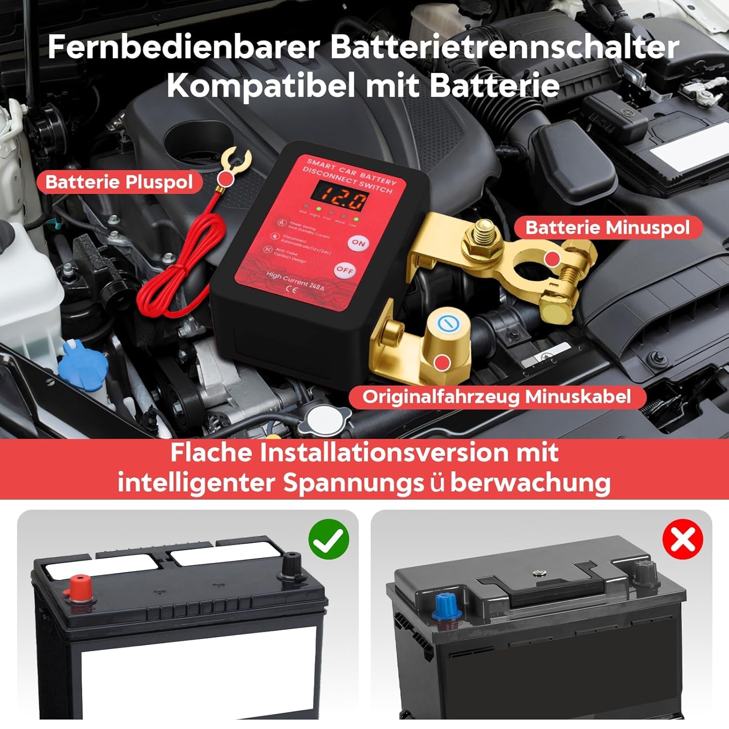 12V Batterie Trennschalter mit Drahtloser Ferngesteuerter,Batterietrennschalter mit Abschaltung,240A Batterie Kill Switch Anti-Diebstahl, für Auto, RV, ATV, LKW, Boot (Mit LED Anzeige)