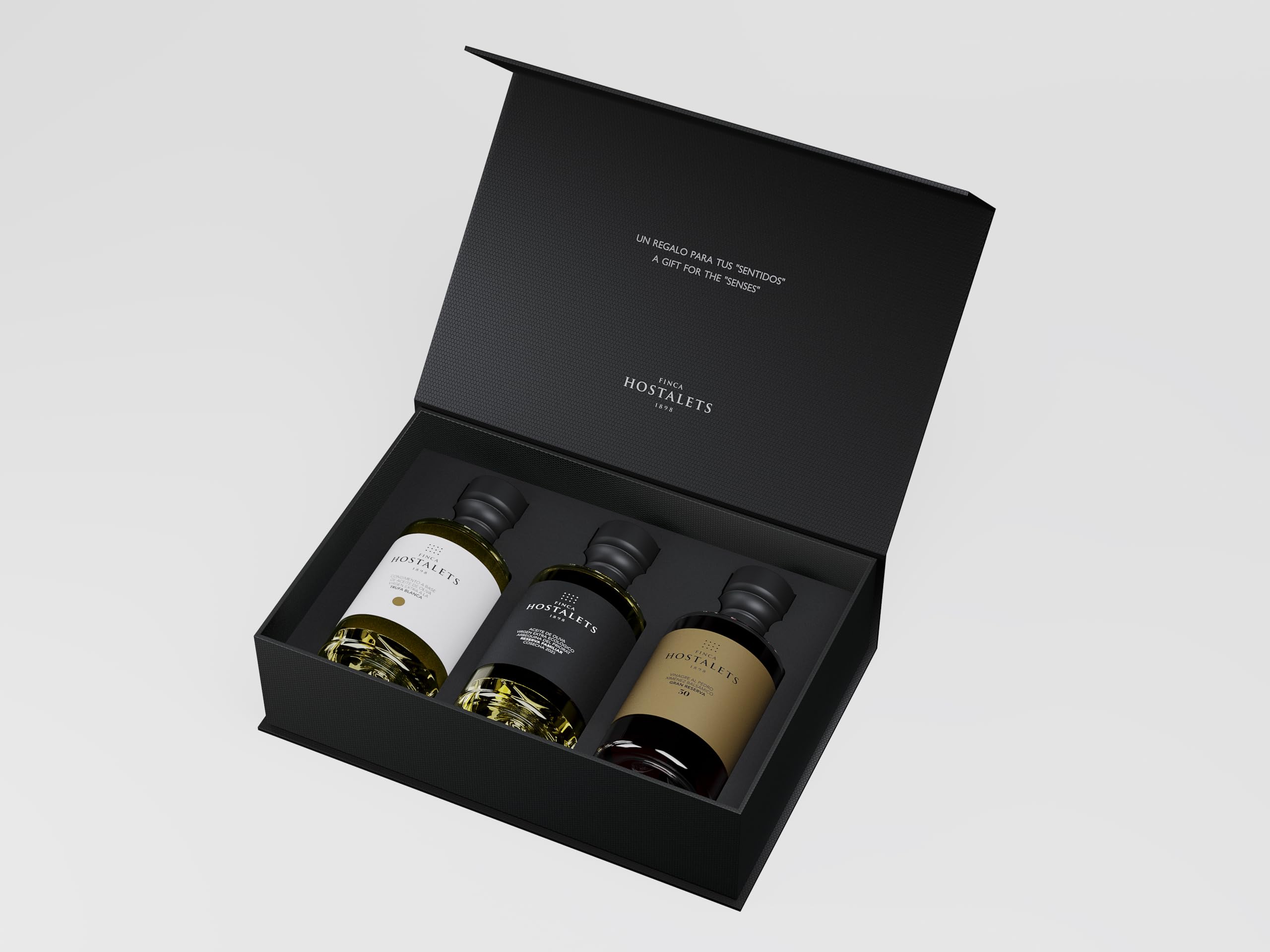 FINCA HOSTALETS ESTUCHE SELECCIÓN CON ACEITE DE OLIVA VIRGEN EXTRA ECOLOGICO, TRUFA BLANCA Y VINAGRE G.R. PX"50", 3 * 100ML