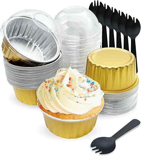 Miniatura 1 de Moldes desechables dorados, 30 unidades, 5 onzas, mini tazas de aluminio para hornear con tapas, forros para cupcakes de crema brulee, moldes de