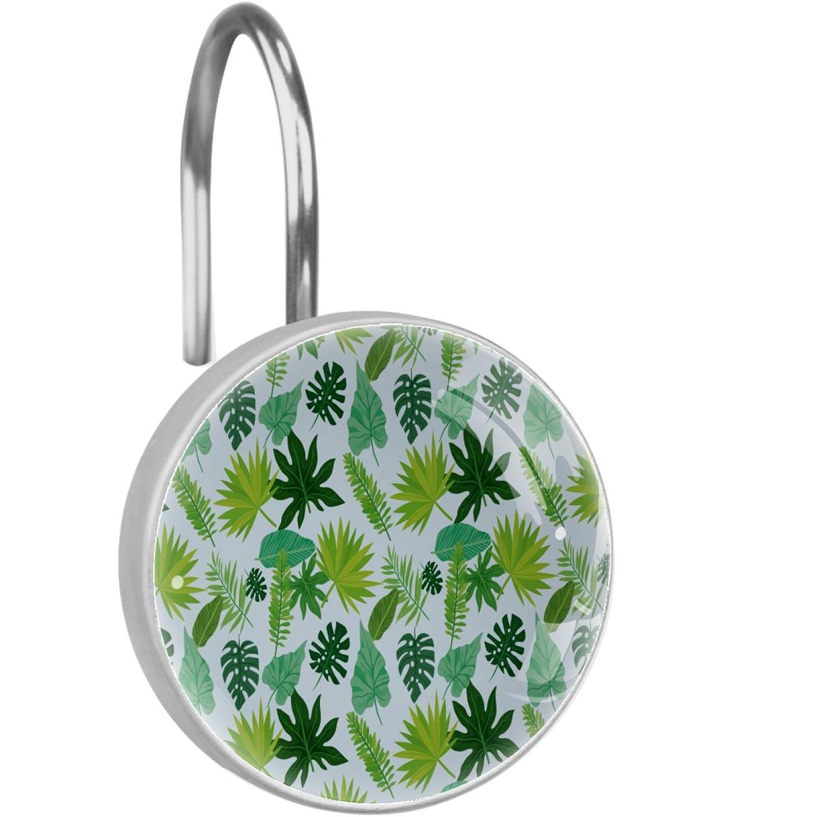 Crochets de rideau de douche inox Lot de 12 anneaux à motif feuilles exotiques tropicales