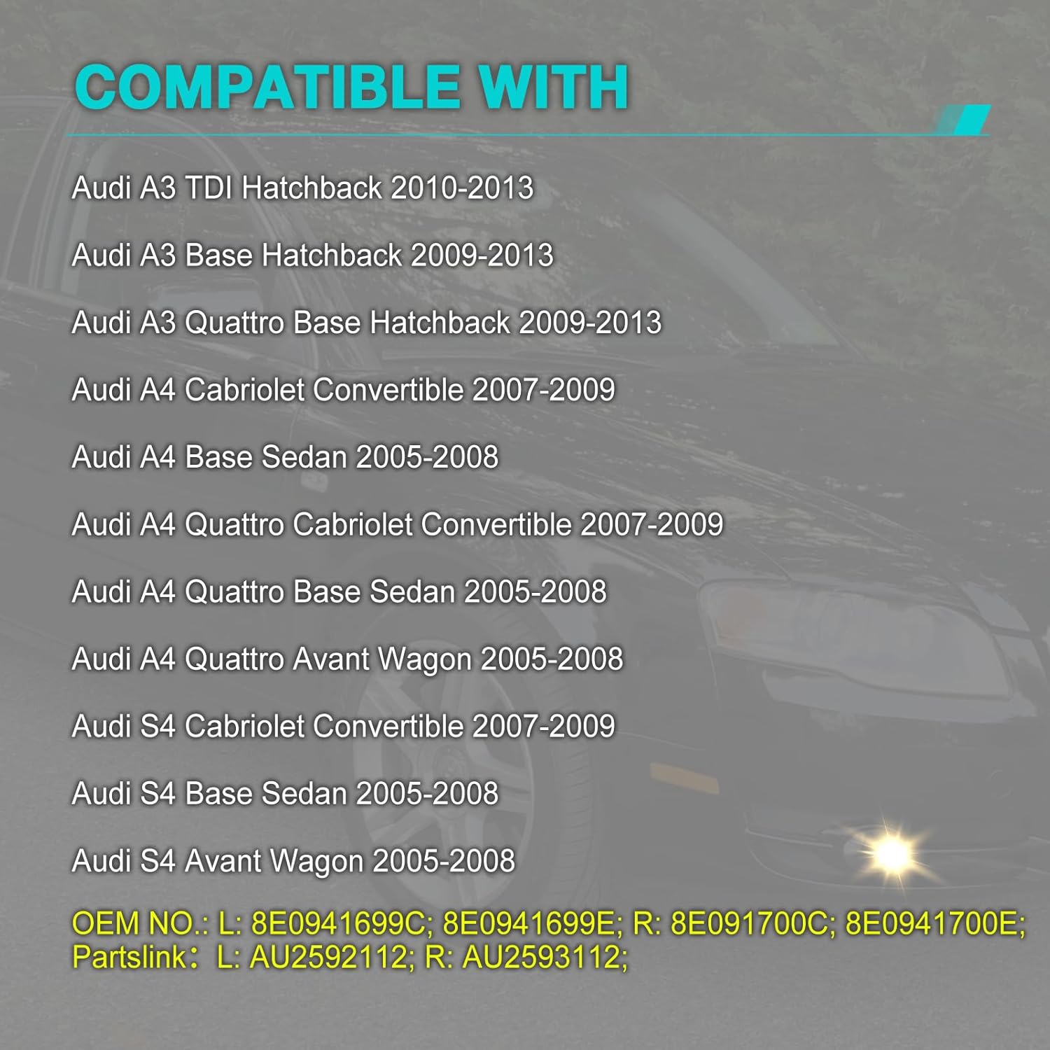 Fog Lights Fit for 2008-2013 Audi A3 Quattro Base/TDI Hatchback; Sport Package A4/S4 (Quattro Cabriolet Convertible, Sedan, Avant Wagon) 2005-2008 Smoke glass