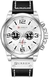 Mens Leather Strap Watch Chronograph Waterproof Analog Quartz Multifunction Military Watch (Silver White)