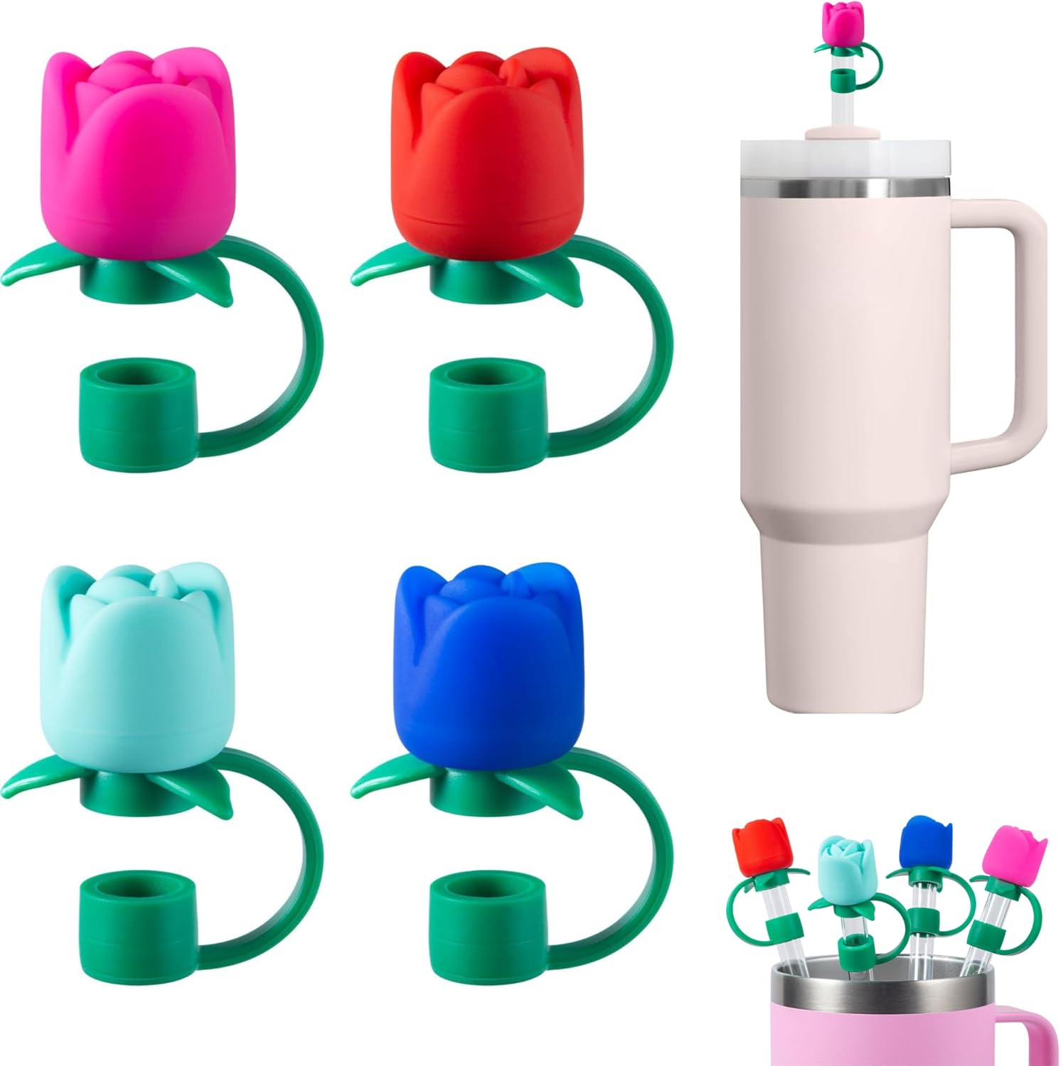 Valentines Day Straw Toppers for Stanley Cups, Straw Covers Silicone Rose Topper for Tumbler, 3D Flower Straw Cover Caps for Stanley/Yeti Cup Accessories Valentine Gifts