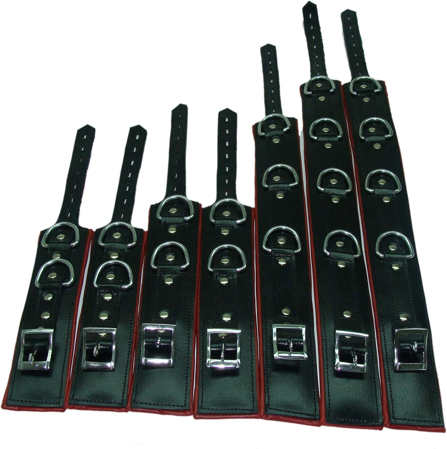 Real Leather Padded Restraint Cuffs 7 Pieces Set Lockable Sex Restraints for Adults Play (Black & Red)