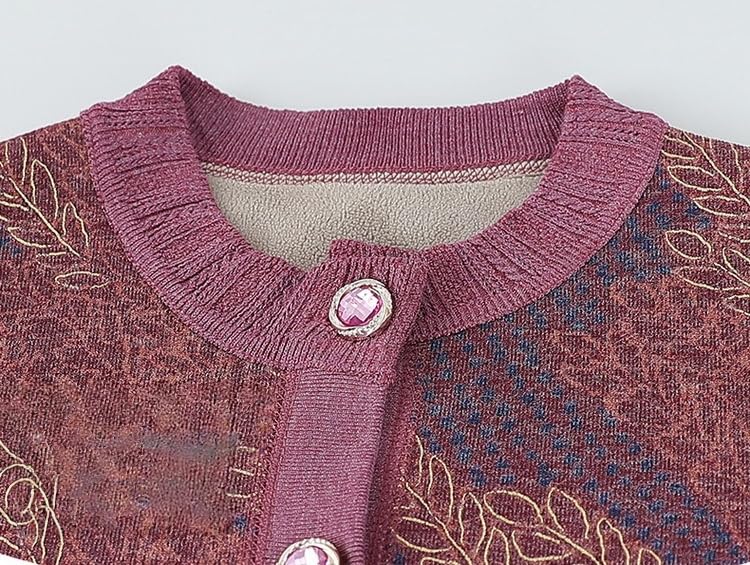 Generico Cardigan Lavorato A Maglia per Anziani E di Mezza età, Maglione Lavorato A Maglia Foderato in Pile, Girocollo, Nonna, Morbido E Caldo, con Foglie Jacquard, Top Casual per L'Autunno E L'Inv