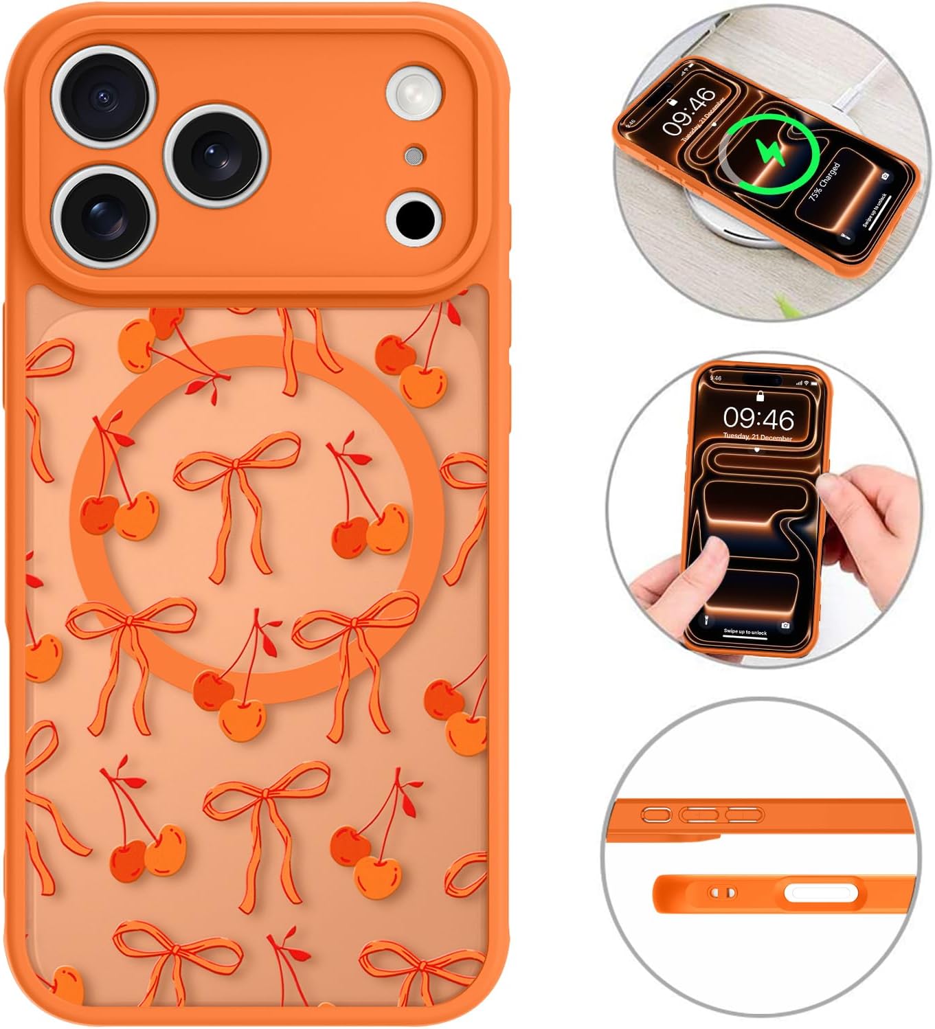 MZELQ Magnetic Case for iPhone 17 Pro Max 6.9 Inch, Clear Bow Cherry [Compatible with Magsafe Charging] Translucent Matte Hard Shockproof Camera Protection Cover for Women Men, Frosted Orange