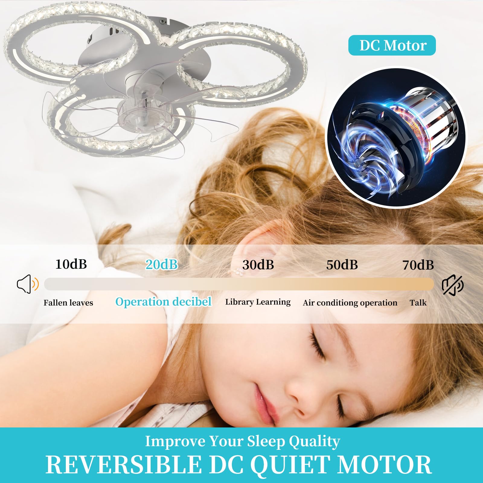 Ventilatore da soffitto a 3 anelli in cristallo con luci e telecomando, motore DC a 6 velocità, silenzioso, bianco, piccolo e moderno, ideale per camera da letto e soggiorno, con LED dimmerabile e fu