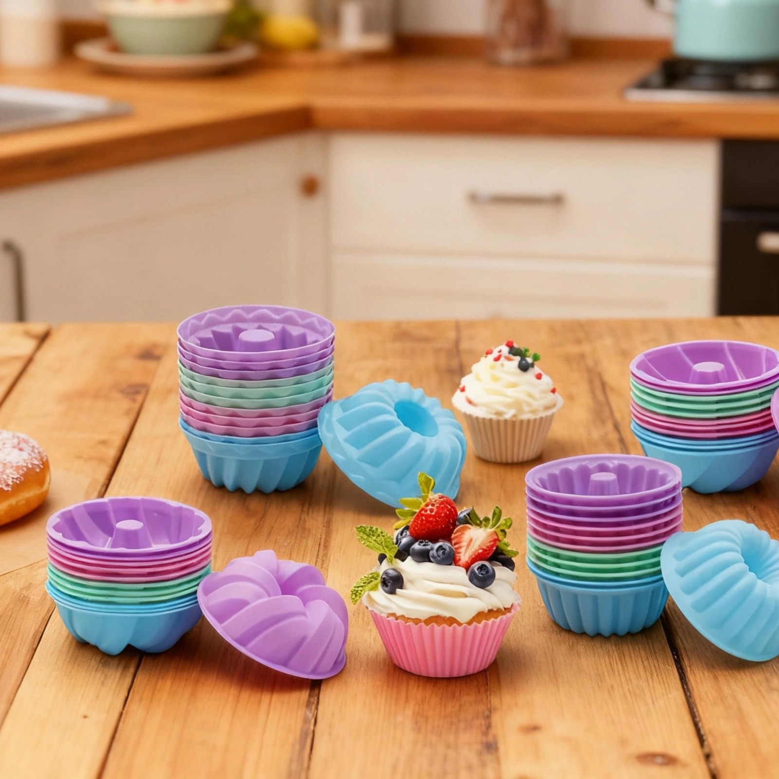48 pièces moules à pâtisserie en silicone, lot de 4 formes de moules tubulaires cannelés, coupelles anneau antiadhésives, moules à muffins réutilisables, couleurs pastel, env. 3,8 x 7,8 cm