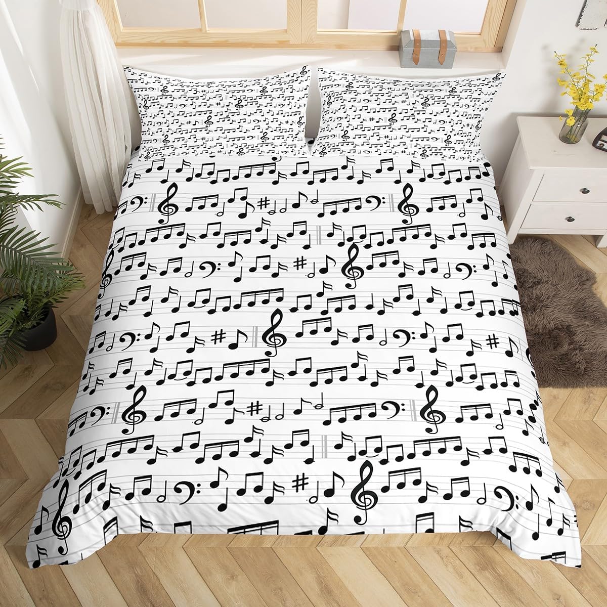 Music Bedding Set Full Size Kids Musical Notes Comforter Cover Set for Boys Girls Teens Staff Music Theme Duvet Cover Breathable Musical Staff Printed Bedspread Cover White and Black Quilt Cover