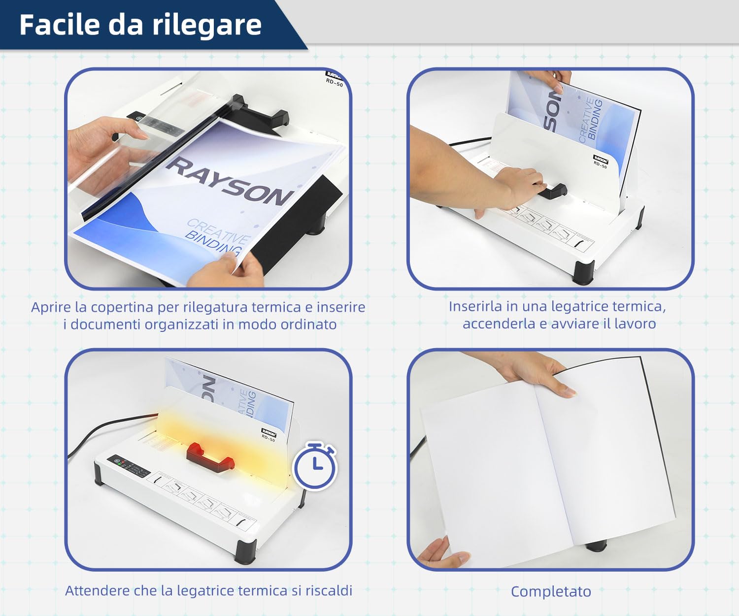 RAYSON Copertine per Rilegatura Termica, 5 colori, capacità 55 fogli, 6 mm, formato A4, Confezione da Pezzi 25