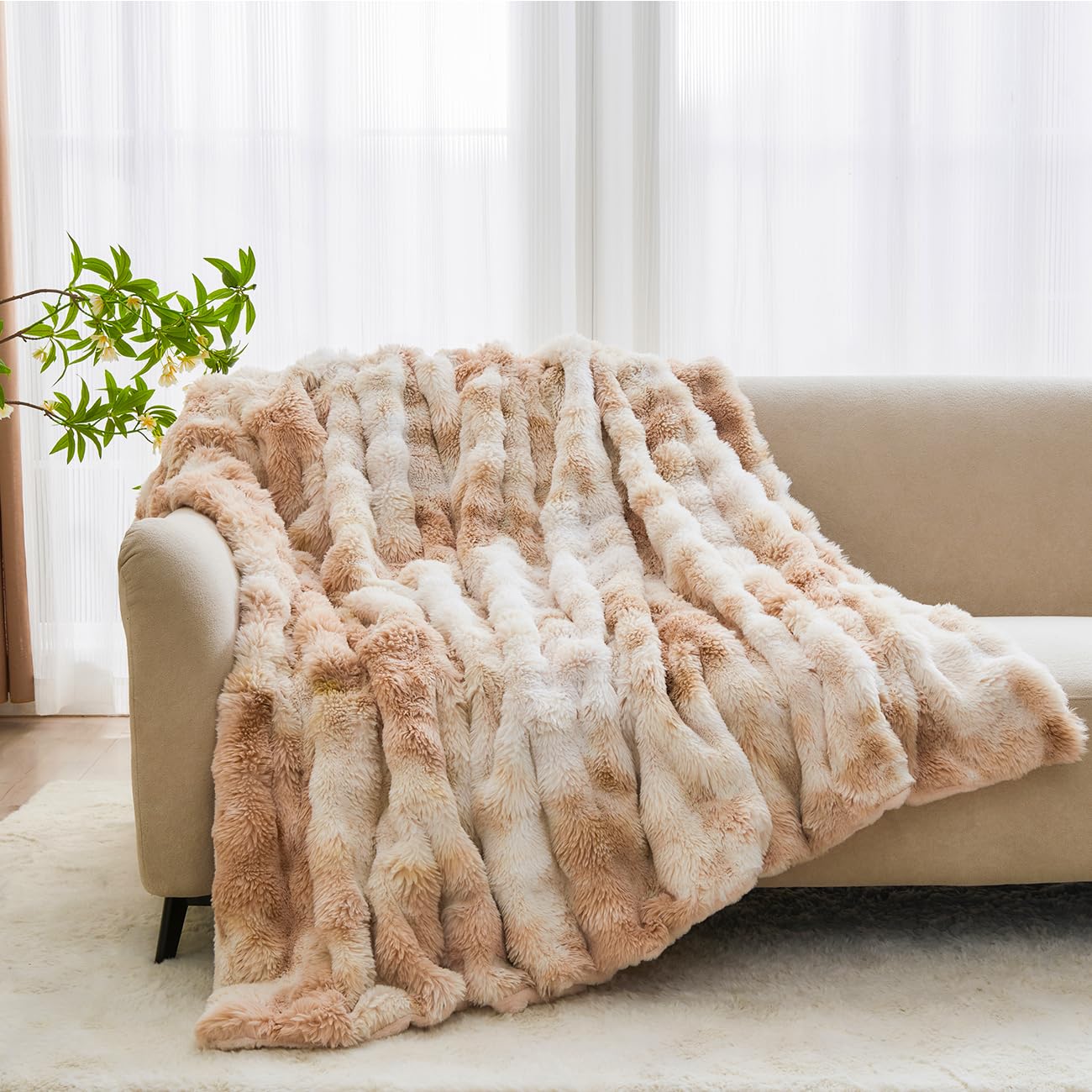 STYHO Plush Bubble Blankets for Sofa Bed Soft Fluffy Tie Dyed Faux Fur Throws Warm Cozy Large Size Khaki and White Fuzzy Fleece Blanket Throws for All Season Use(Khaki White - Image 2