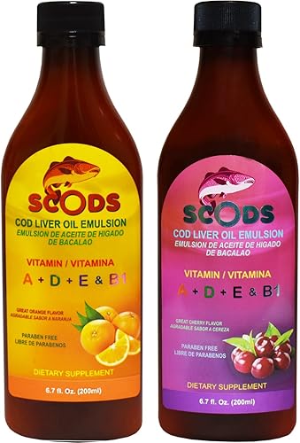 Emulsión escocesa sabor cereza y naranja. Aceite de hígado de bacalao vitamina A + D + E y B1