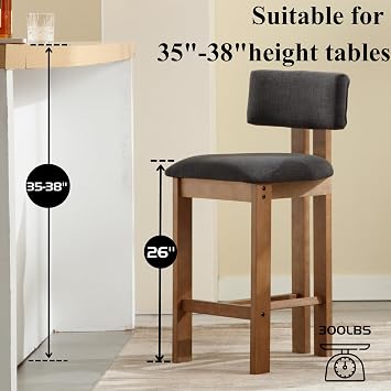 chairus Farmhouse Bar Stools Set of 2 Modern 26 Counter Height Bar Stools with Pad Back Upholstered Wood Legs, Black