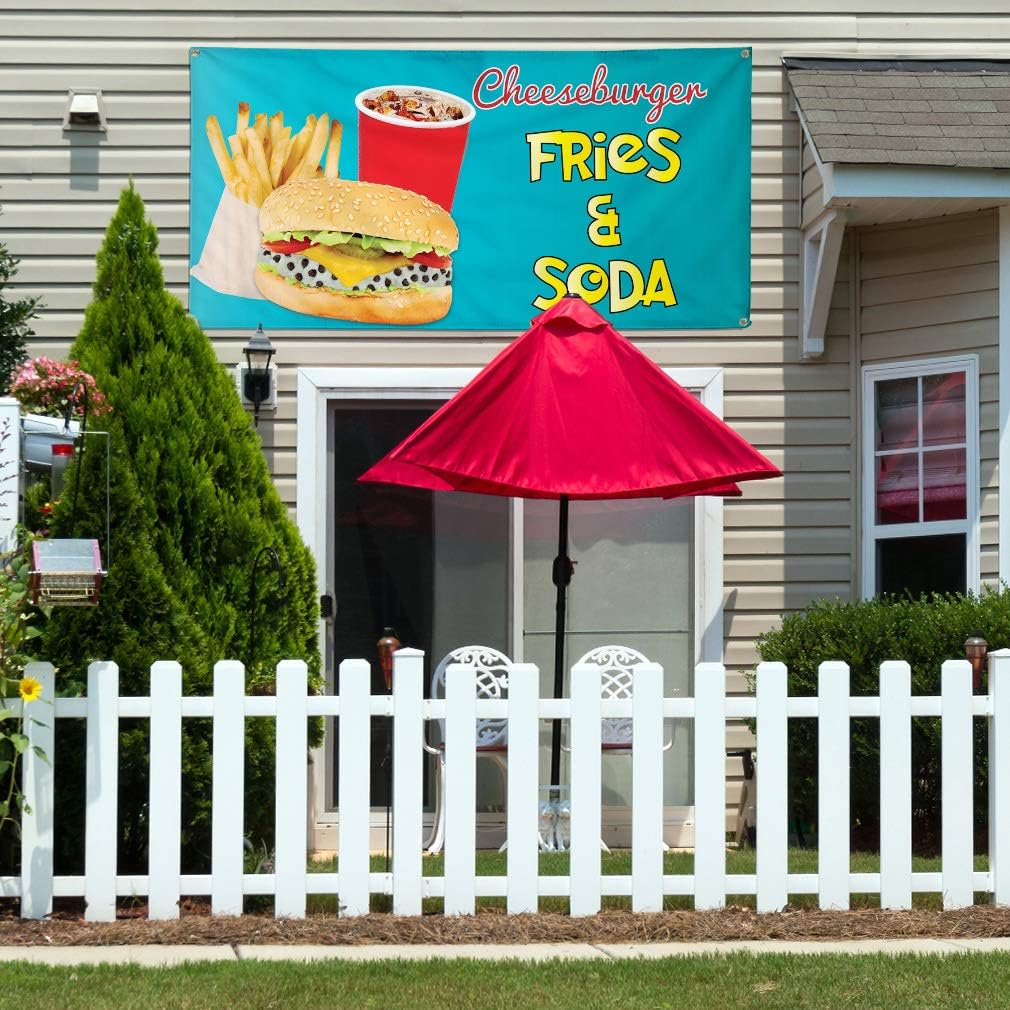 Vinyl Banner Multiple Sizes Cheeseburger Fries & Soda Restaurant & Food Outdoor Weatherproof Industrial Yard Signs Blue 4 Grommets 16x40Inches