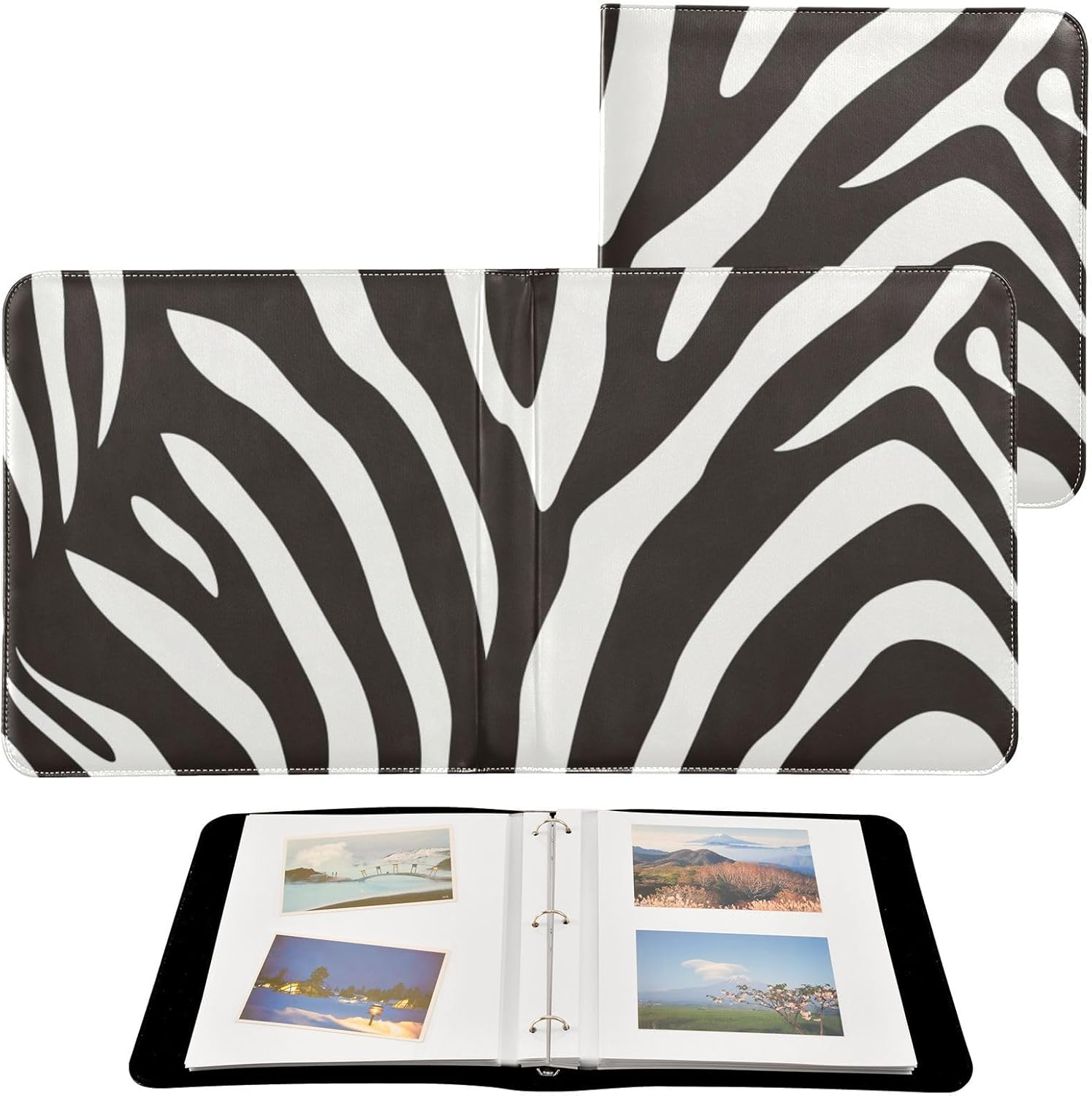 JIPONI Zebra Print Large Photo Album, DIY Leather Cover Scrapbook Albums for 4x6 5x7 6x8 Pictures, Self Adhesive Memory Book for Wedding, Baby, Family