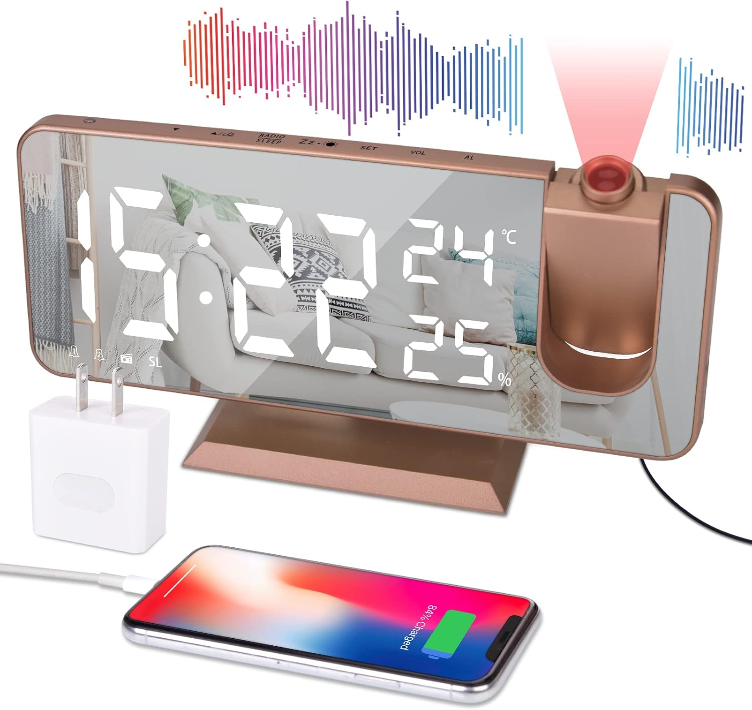 EVILTO Projection Alarm Clock for Bedroom Ceiling Digital Alarm Clock Radio with USB Charger Ports, 7.3" Large LED Screen Alarm Clock, 4 Dimmer, Dual Alarm Clock with 2 Sounds, Snooze, Rose Gold
