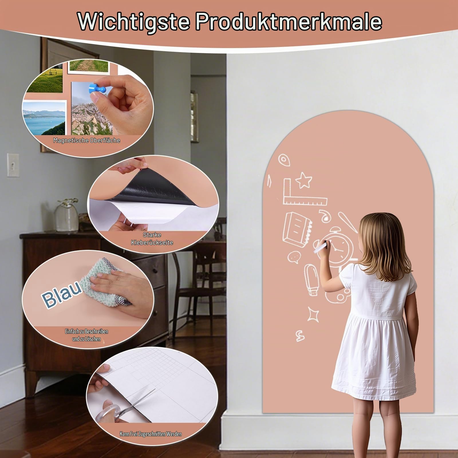 Magnetische selbstklebende Tafelfolie mit Zubehör, 120x60 cm, Rosa | Abwischbare Magnettafel für Schule & Büro, inkl. Kreide, Magnete & Mikrofasertuch –selbstklebende schwarze Wandtafel