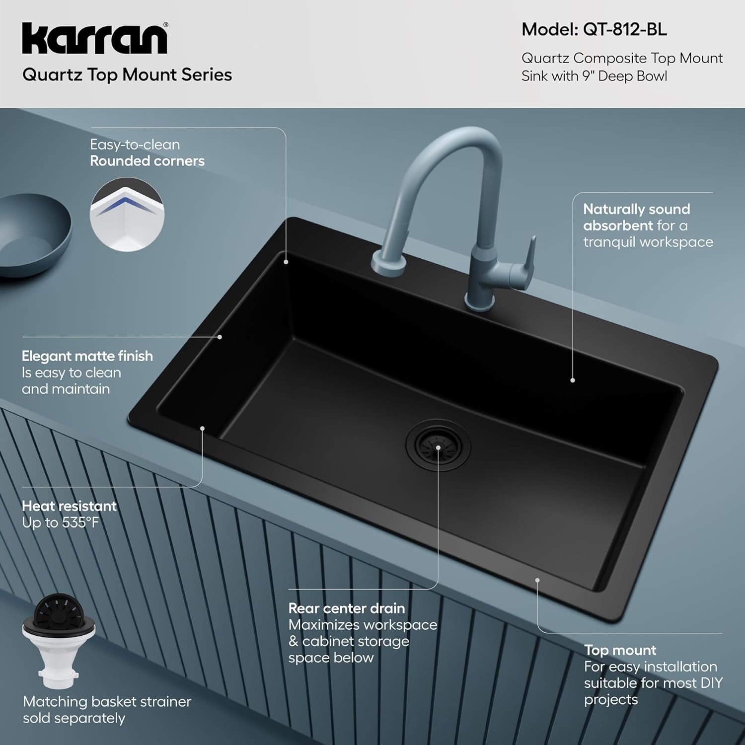 Karran 33" Drop-In Top Mount Quartz Composite Single Bowl Kitchen Sink in Black – Extra Deep 9" Basin, Heat Resistant, Sound Dampening, Easy Clean Surface