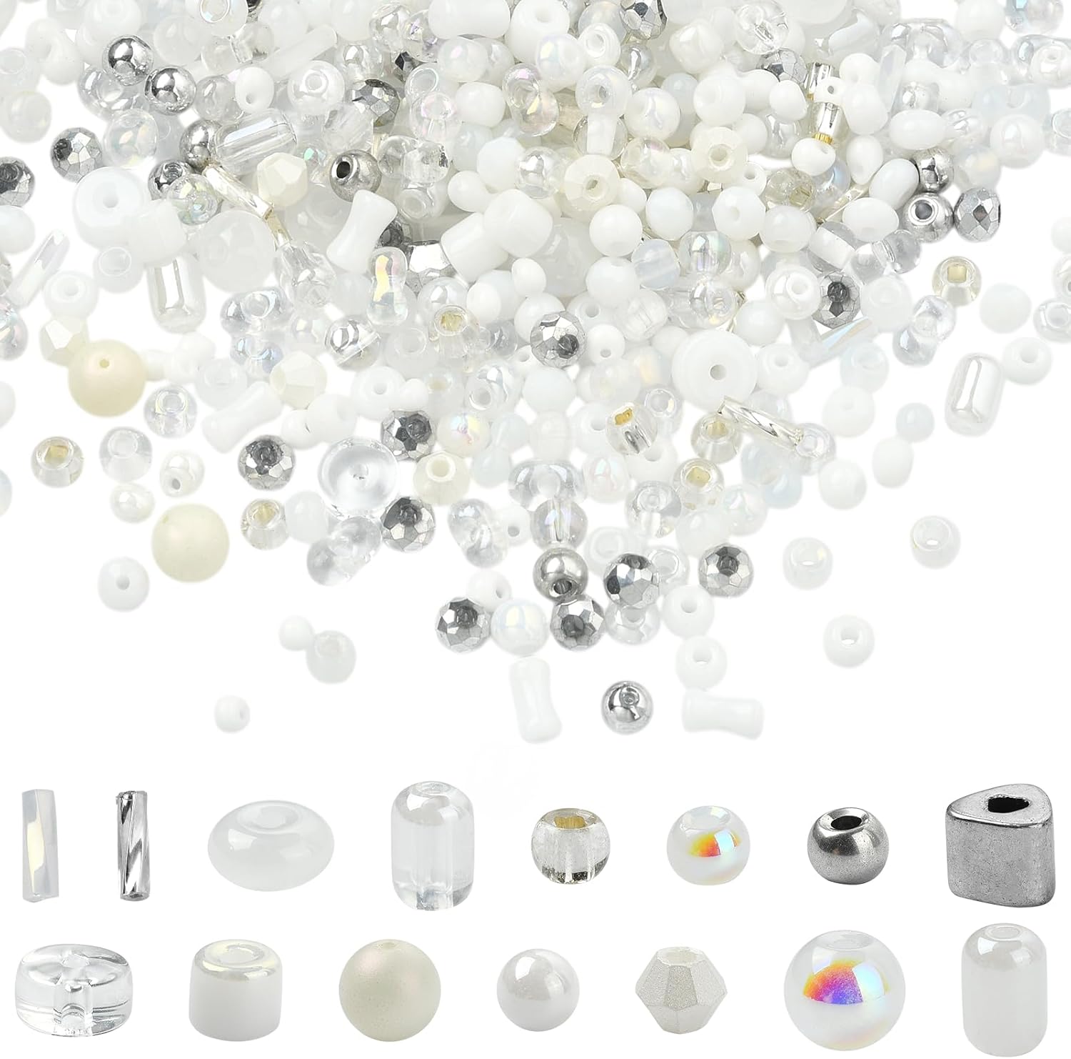 Ornaland 45g Glass Seed Beads for Jewelry Making Bulk Assorted Small Glass Seed Spacer Beads for Bracelets Neckalce Earring DIY Jewelry Making 2.5~12.5mm(White)