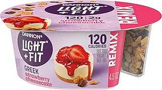 Dannon Light + Fit REMIX Strawberry Cheesecake Nonfat Greek Yogurt with Graham Cookies, Caramel Pearls and Dark Chocolate Mix-Ins, Creamy and Delicious Light Yogurt, 4.5 OZ Cups