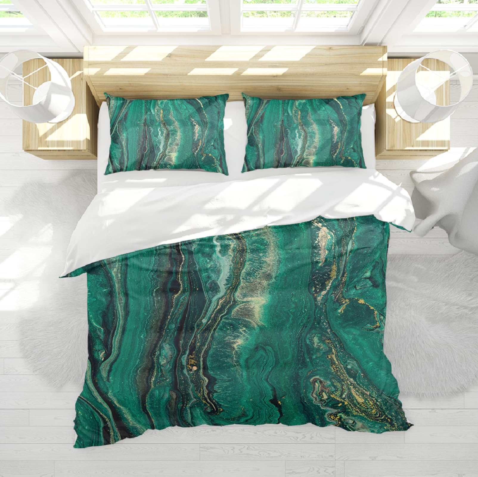 Funda de Edredón Set 3 Piezas Vórtice Geológico Verde Abstracto Juego de Ropa de Cama de Dormitorio con Textura Geométrica con 2 Almohadas Shams 4 Lazos Cremallera 230 x 230 cm