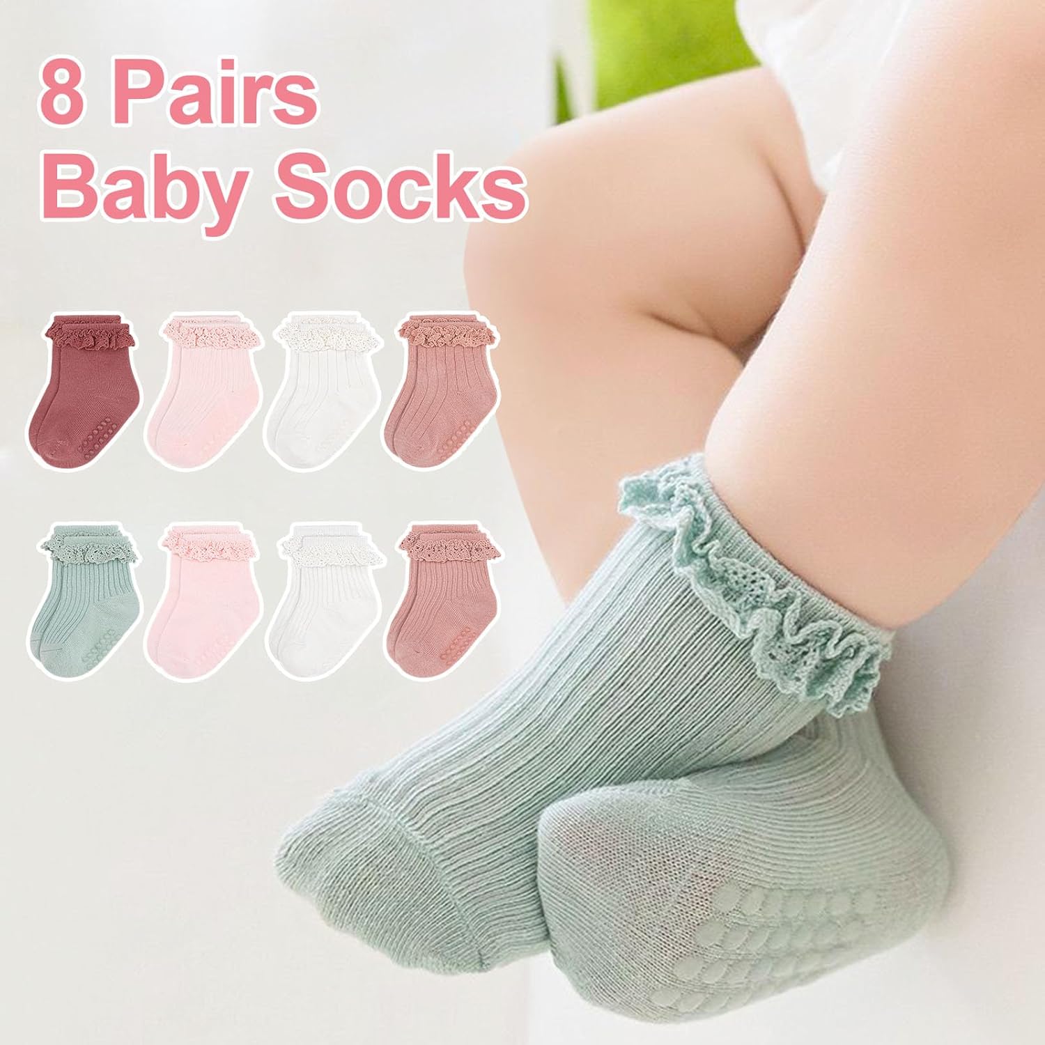 Looching 8 Pack Baby Girls Anti Slip Socks Toddler Frilly Ruffle Grip Ankle Cotton Socks for Infant/Newborn/0-2T - Image 8