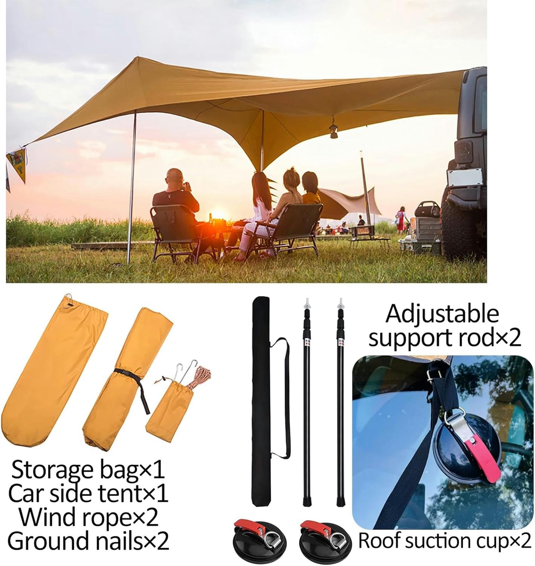 Sonnensegel Wohnwagen Wohnmobil Markise, Sonnenschutz, Tragbare Auto Markise, Camping-Plane mit Verstellbaren Planenstangen und Saugnapf für SUV/LKW/Van
