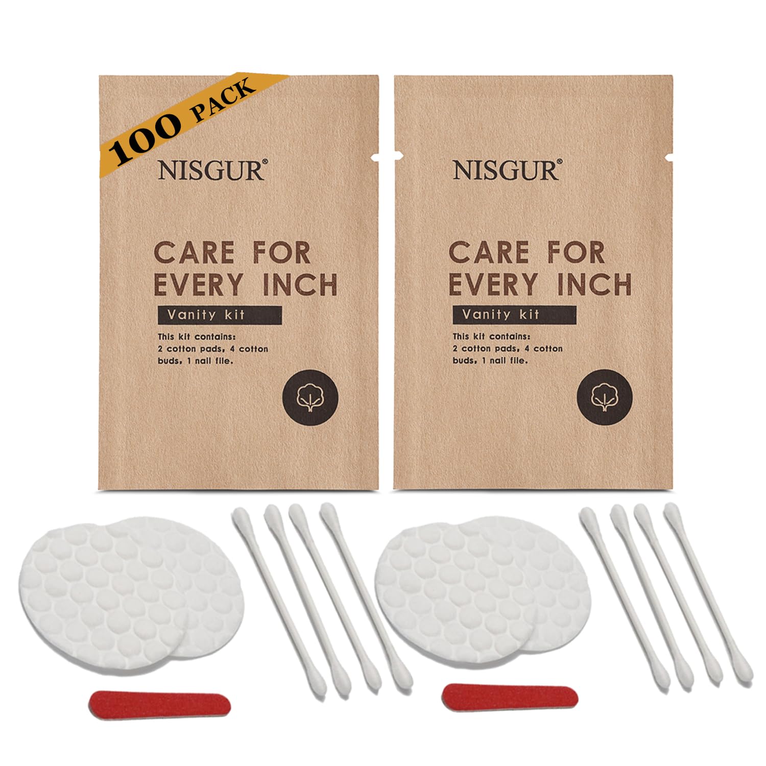 Kraft Paper Packed 100PCS Hotel Vanity Kits Cotton Pads Cotton Swabs and Nail File Individually Wrapped No Plastic Guest Room Hotel Toiletries Bulk