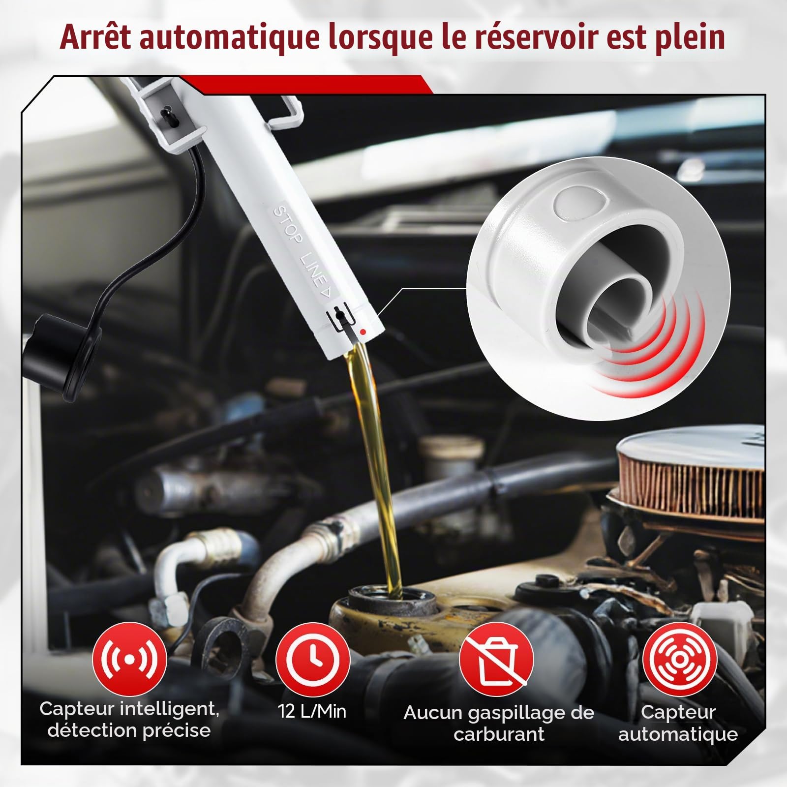 Pompe Électrique pour Carburant avec Stop Automatique, 3,2 GPM (12 L/min) Adaptateur 4 Tailles | Tuyau 1.3m pour Essence, Gaz, Diesel | Fonctionnement via USB