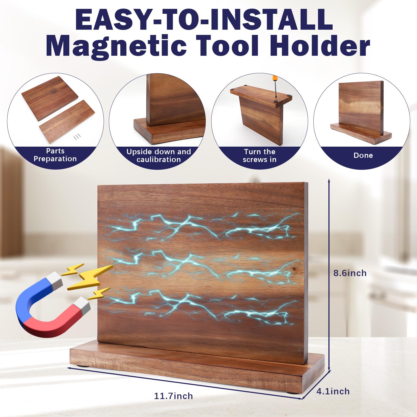 Gugxiom Double Sided Messerblock Magnetisch, Acacia Wood Magnetic Knife Holder, Magnetic Knife Block, Starken Magneten, Ohne Messer, Messerständer für Messer Präsentation und Lagerung
